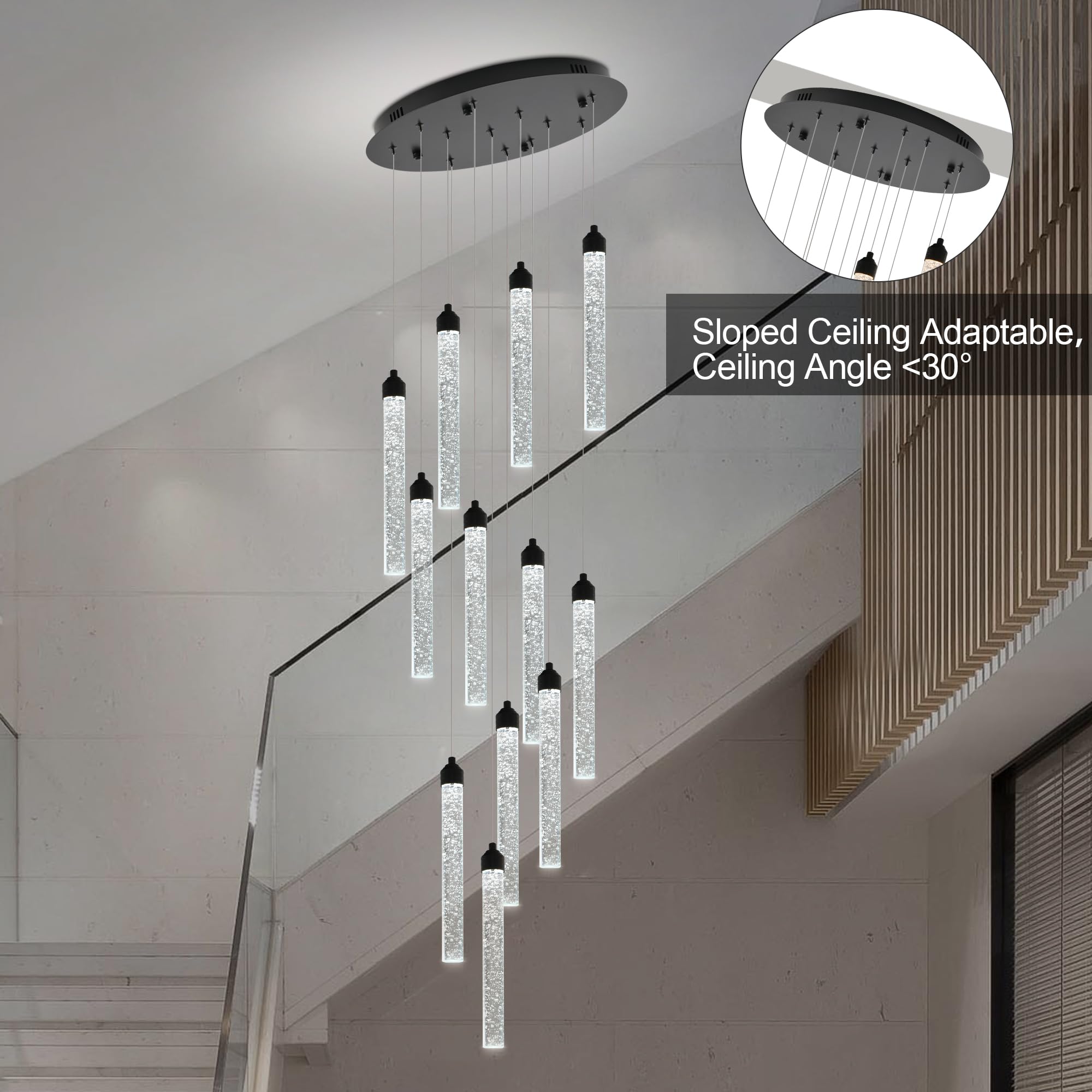 YwueChwu 12-Lights High Ceiling Crystal Staircase Chandelier Black, Modern Spiral Raindrop Dimmable LED Bubble Cluster Ceiling H