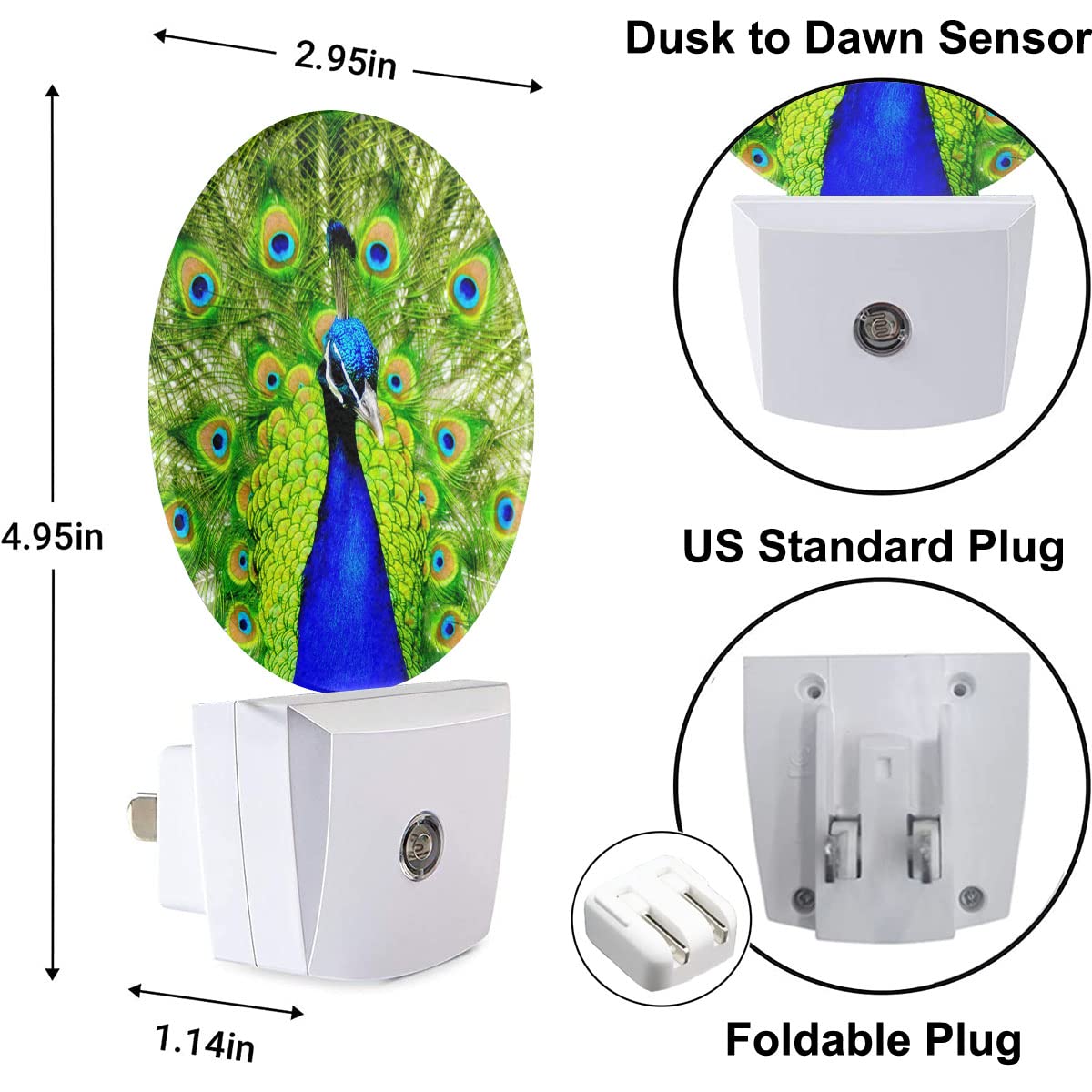 Uanvaha Peacock Open Tail Night Light Peacock Feathers Green Night Lights Plug Into Wall 0.5W Led Lights Auto On/Off For Hallway