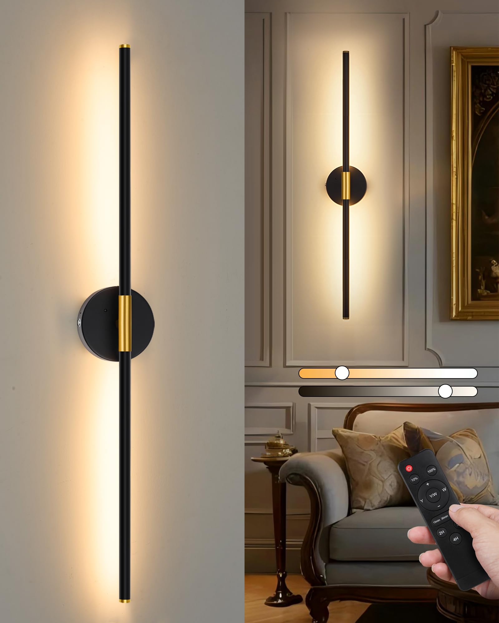 10000mAh Battery Operated Wall Sconce - 24 Inch, Wireless, Rechargeable, Dimmable, 3000K-6000K, Remote, Touch Control, Timer, 35