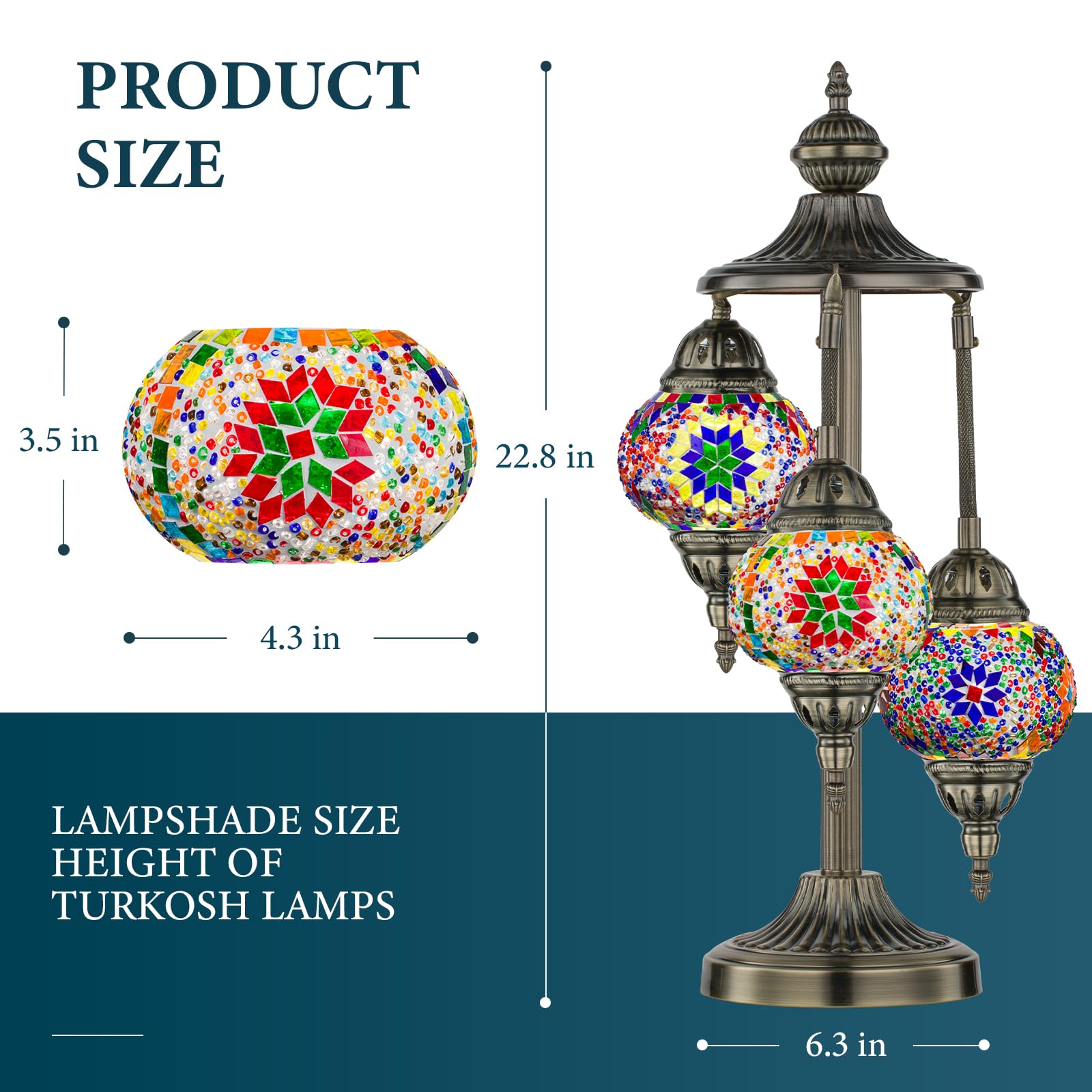 Marrakech Turkish Lamp 3 Globes Moroccan Table Lamp With Bronze Base, 23'' Tall Handmade Colorful Tiffany Mosaic Glass Night Lig