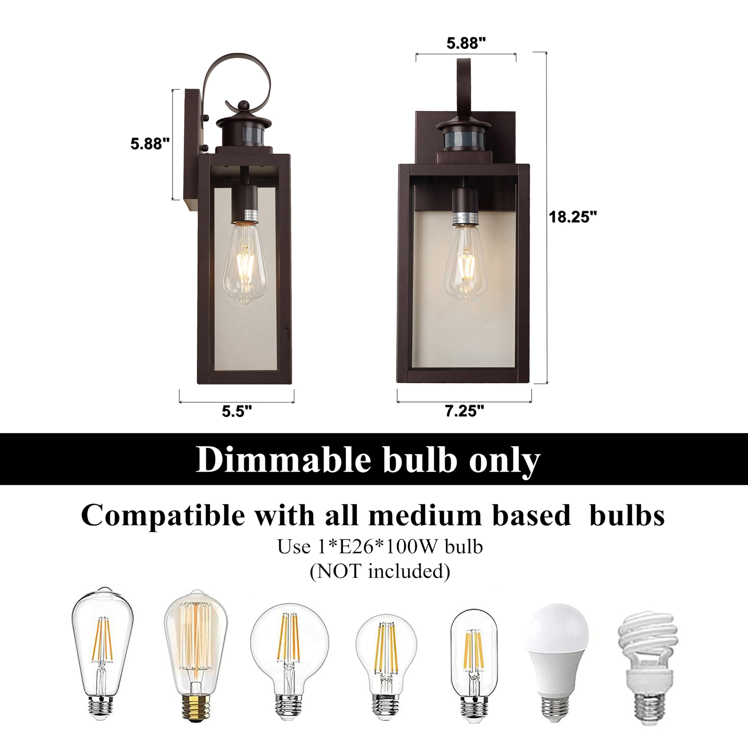 MICSIU Motion Sensor Outdoor Wall Lights, 18in Bronze, 2 Pack, Dusk to Dawn, Metal Fixture for House, Porch, Pathway, Patio