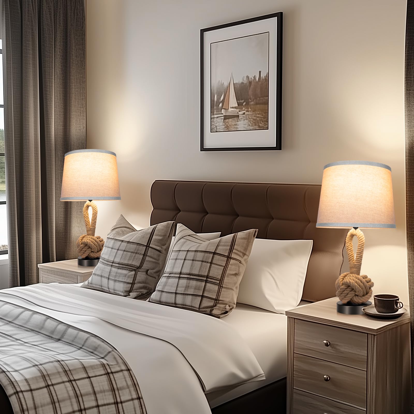 Rope Rattan Lamp Set Of 2: Boho Table Lamp With Usb A+C Ports, 3-Color Temperatures Bedside Lamps With Rotary Switch, Night Stan