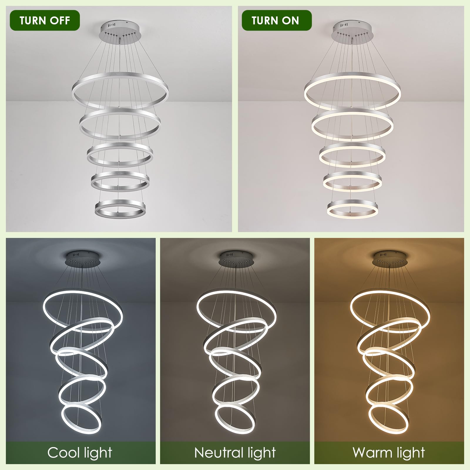 Benkut 5-Rings Modern Led Chandelier Silver High Ceiling Chandelier With Remote Control Dimmable Contemporary Chandeliers For Dining Room Foyer Living Room Entryway Staircase(3000K-6500K, D23.6’’)