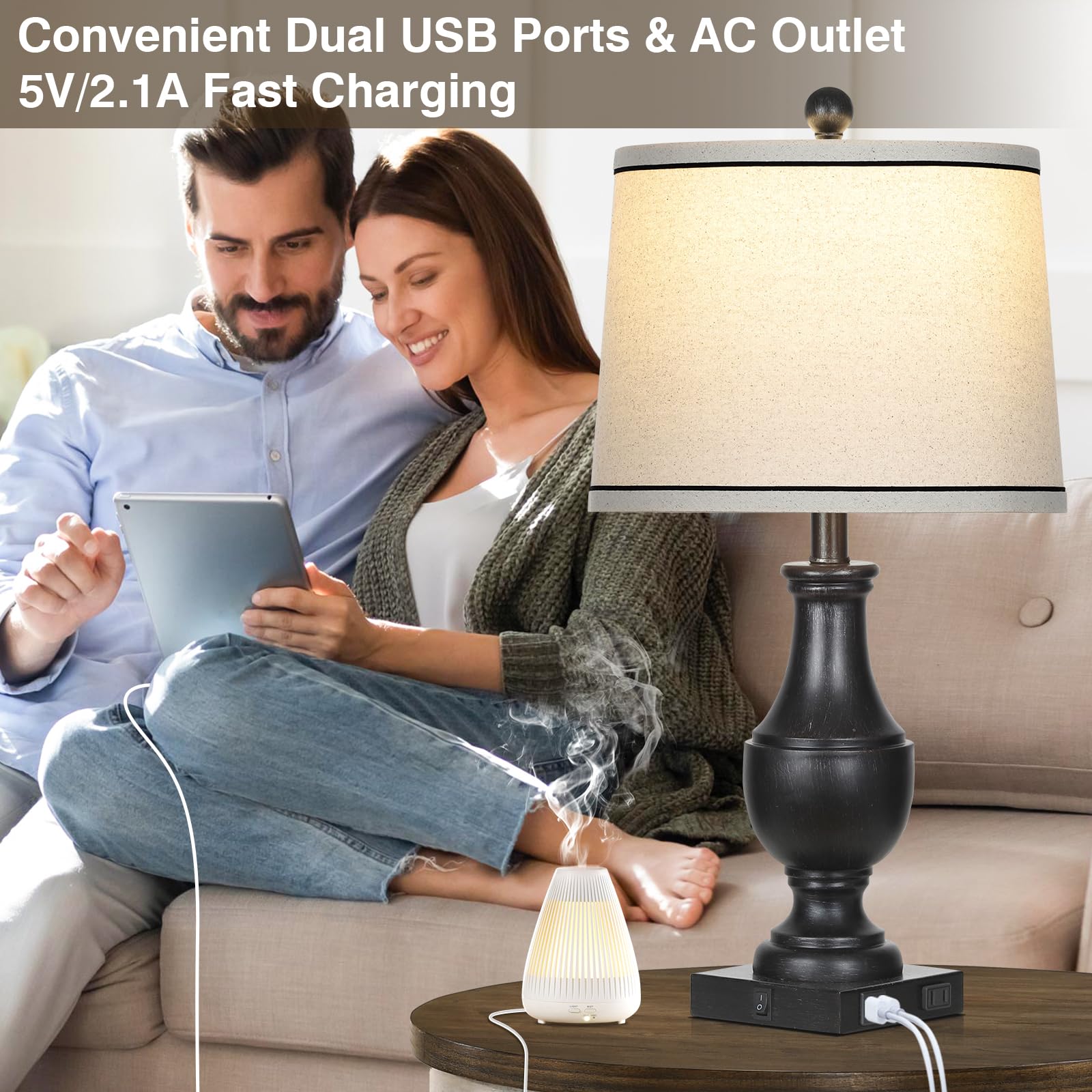 Lolikit Vintage Farmhouse Lamps Set of 2, 25" Black Rustic Table Lamps with USB Ports & AC Outlet, Antique Resin for Bedroom/Living Room