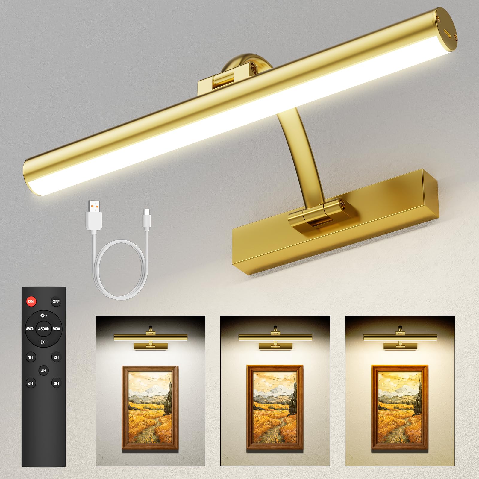 KEILAIMO Picture Lights for Wall Rechargeable, 5200mAh Battery Operated Poster Light with Remote & Timer, 13 Dimmable Art Light,