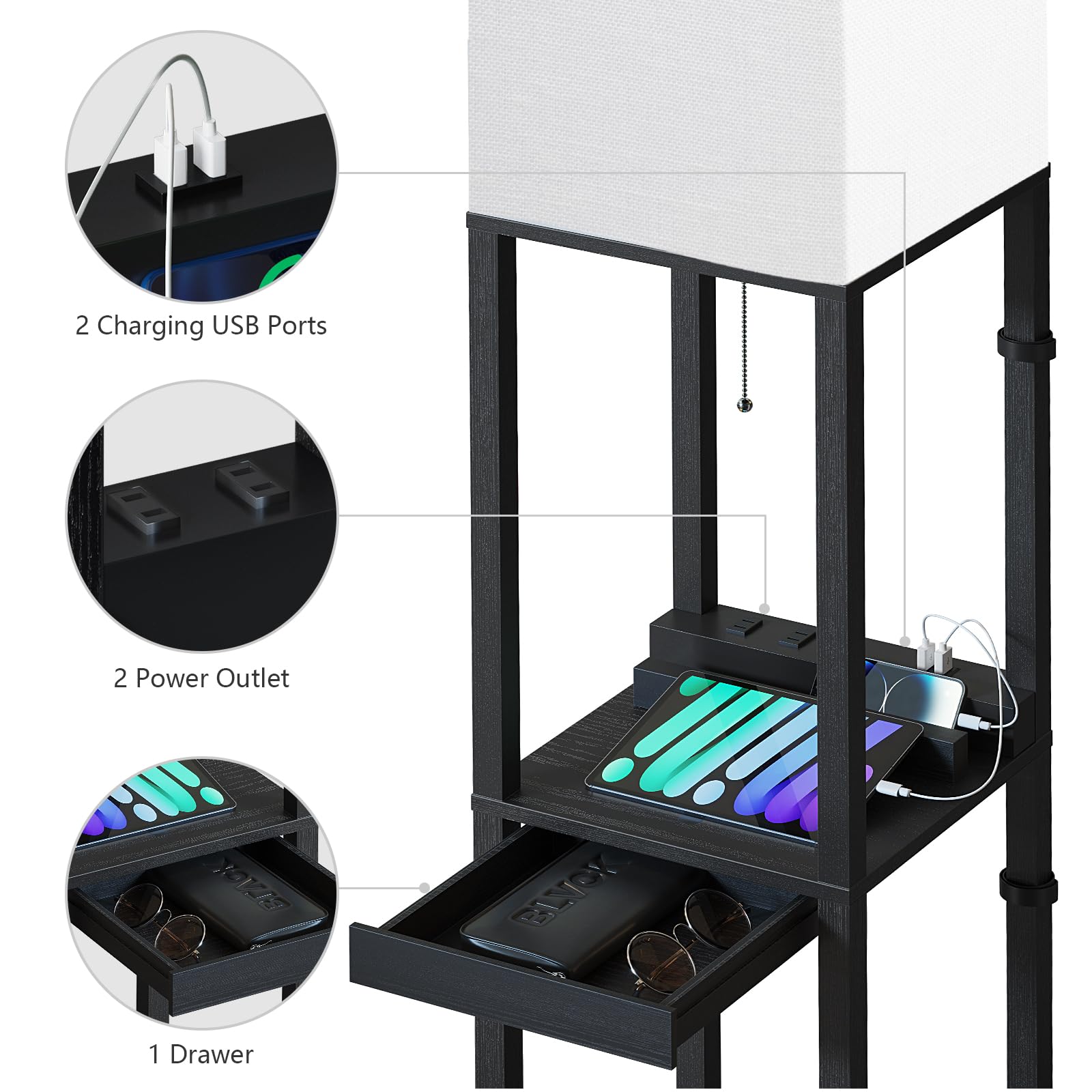 Sunmory Floor Lamp With Shelves, Rgb Light Dimmable Standing Lamp With App Control, Tall Shelf Lamp For Living Room And Bedroom,