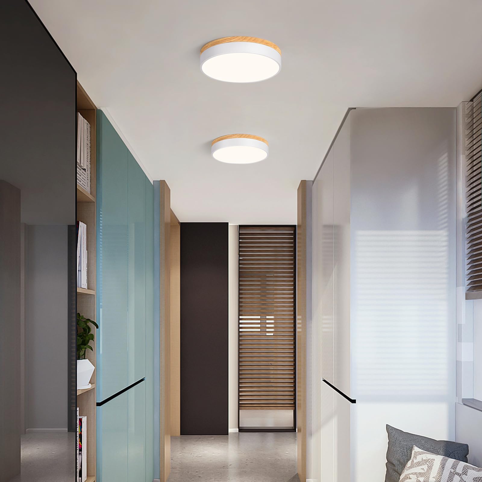 Dimmable Wood Led Ceiling Light Fixture, 5Cct 2700K-6000K Modern White Flush Mount Ceiling Lighting, Minimalist Round Ceiling La