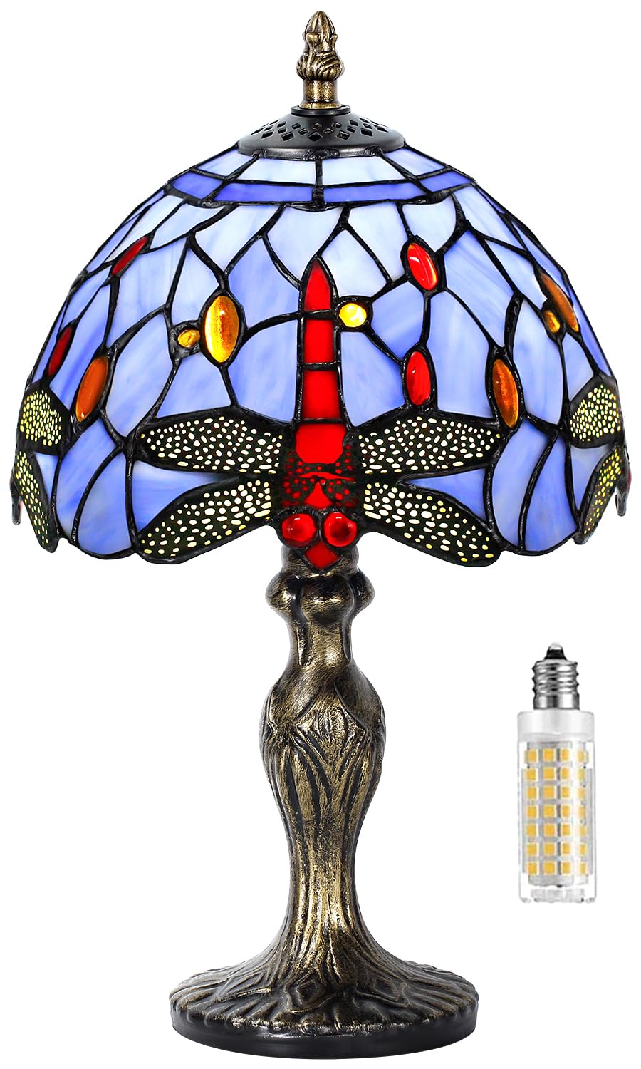 MIAOKE Stained Glass Table Lamp, Blue Dragonfly Design, Handmade Night Light, Antique Style for Living Room and Bedroom