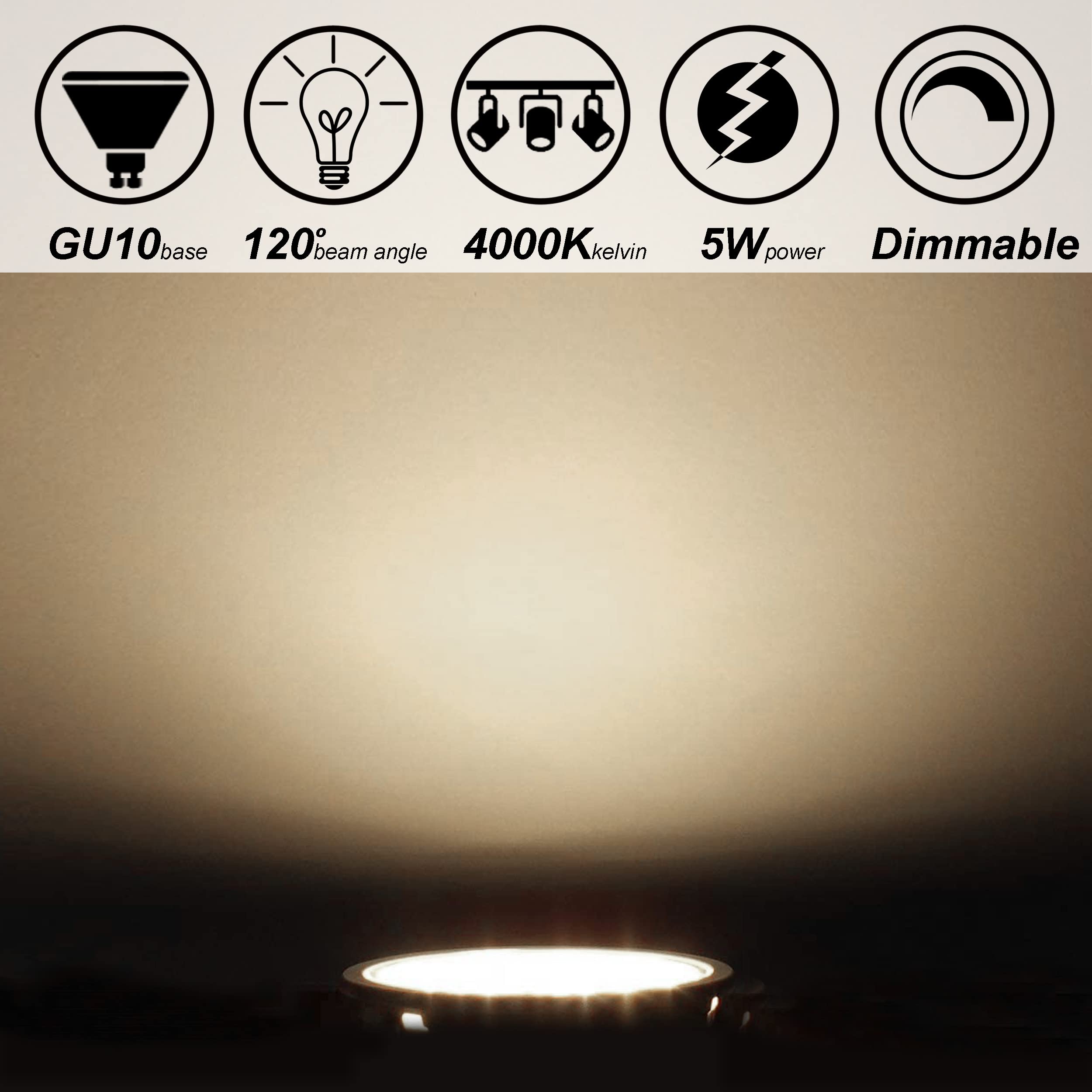 Alide Dimmable Gu10 Led Bulbs,Replace 50W Halogen,4000K Neutral White Flood Wide Angle 120 Deg,Ac120V Gu10 5W Led Bulbs For Floo