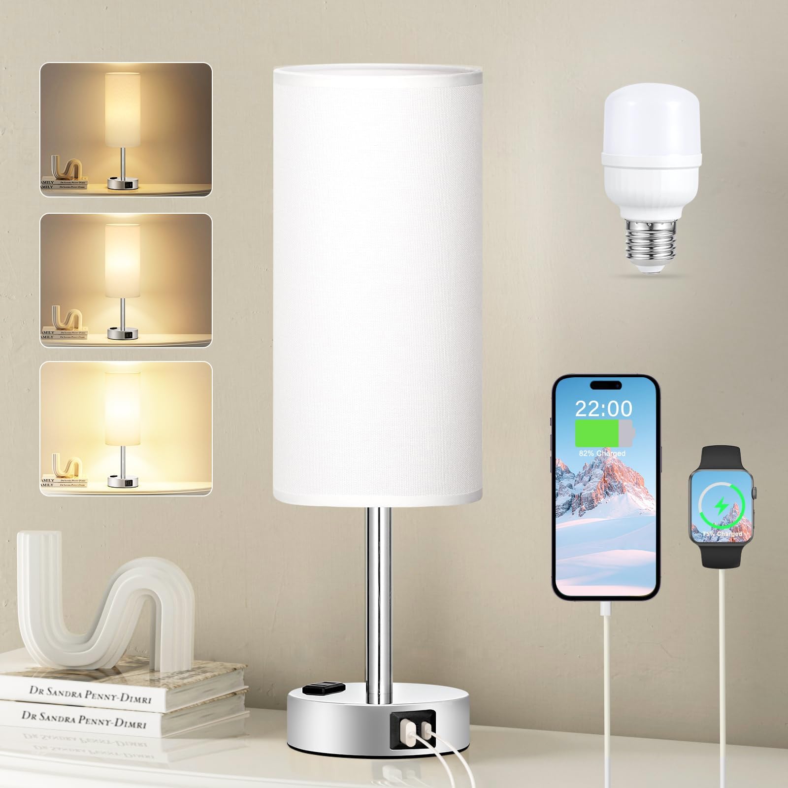 Fenmzee White Touch Bedroom Table Lamp - 3 Way Dimmable Bedside Lamp USB C A Charging Ports and AC Outlet, Small Lamp Nightstand