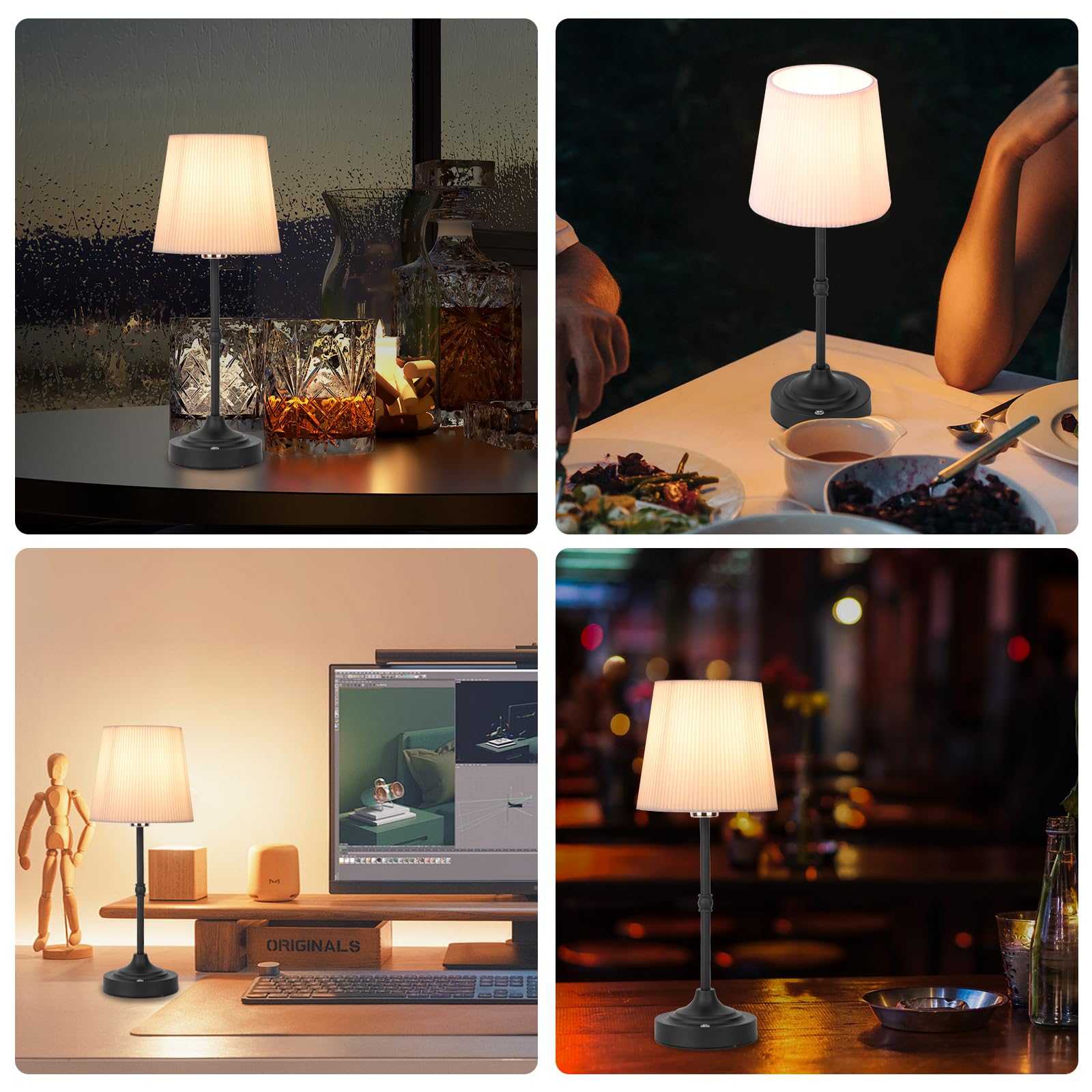 HAPYGI Portable Metal Cordless Table Lamp, Dimmable Touch, Rechargeable Battery, Black, Model TL-08A
