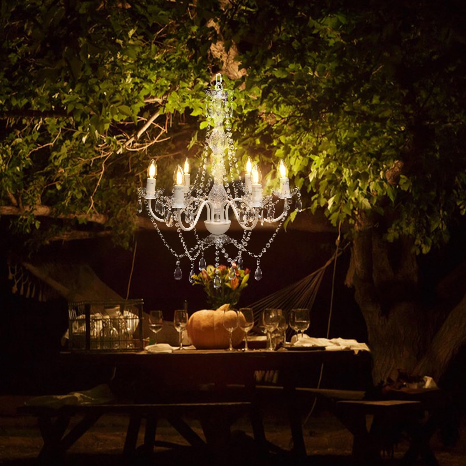 Brink House 6-Light Crystal White Chandelier, Stainless Steel, IP65 Water Resistant, H26”xW22”, Model BHOD6LCL