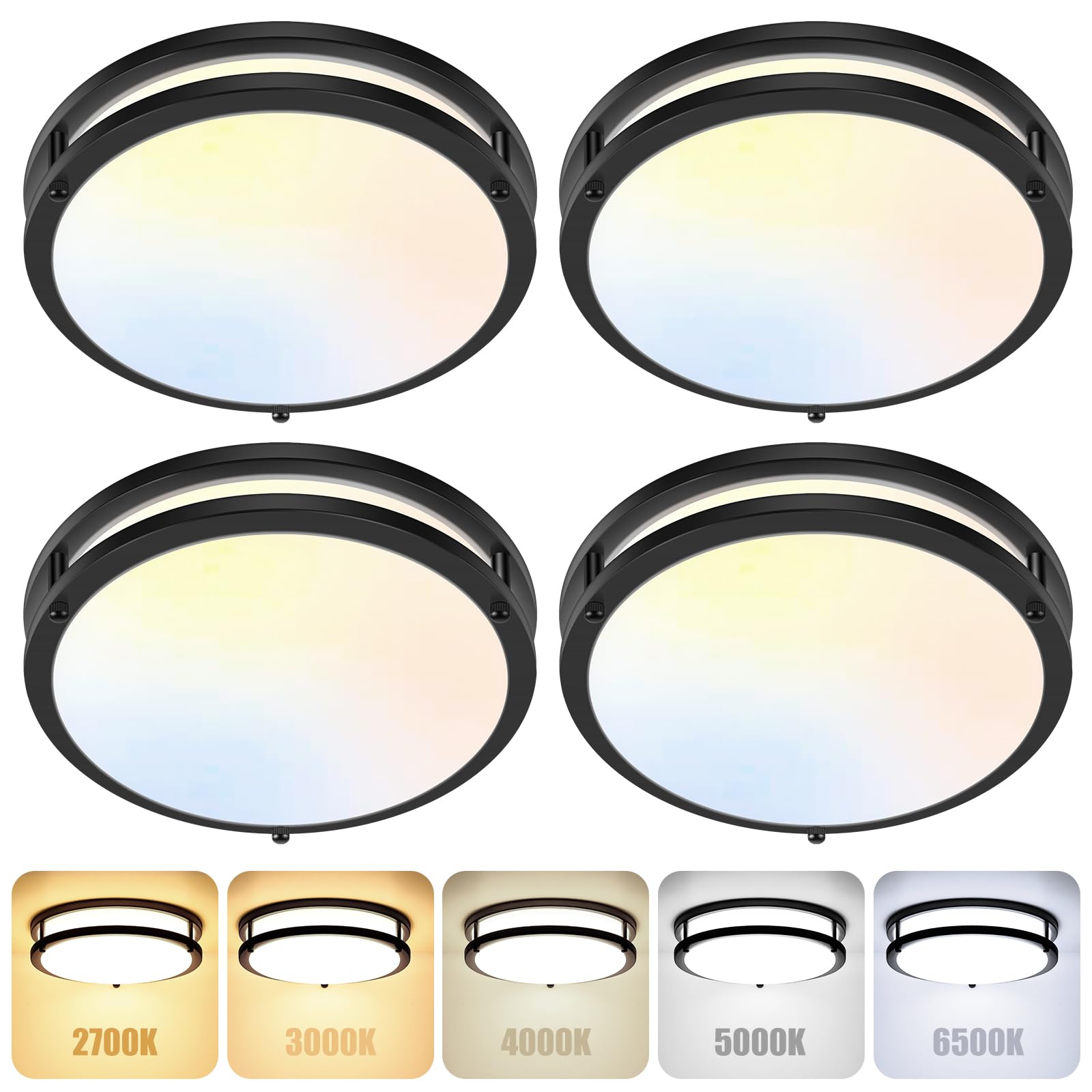 4-Pack 36W LED Flush Mount Lights, 3200LM Black Ceiling Fixtures, 5 Color in One (2700K/3000K/4000K/5000K/6500K), 12'' Modern Ro
