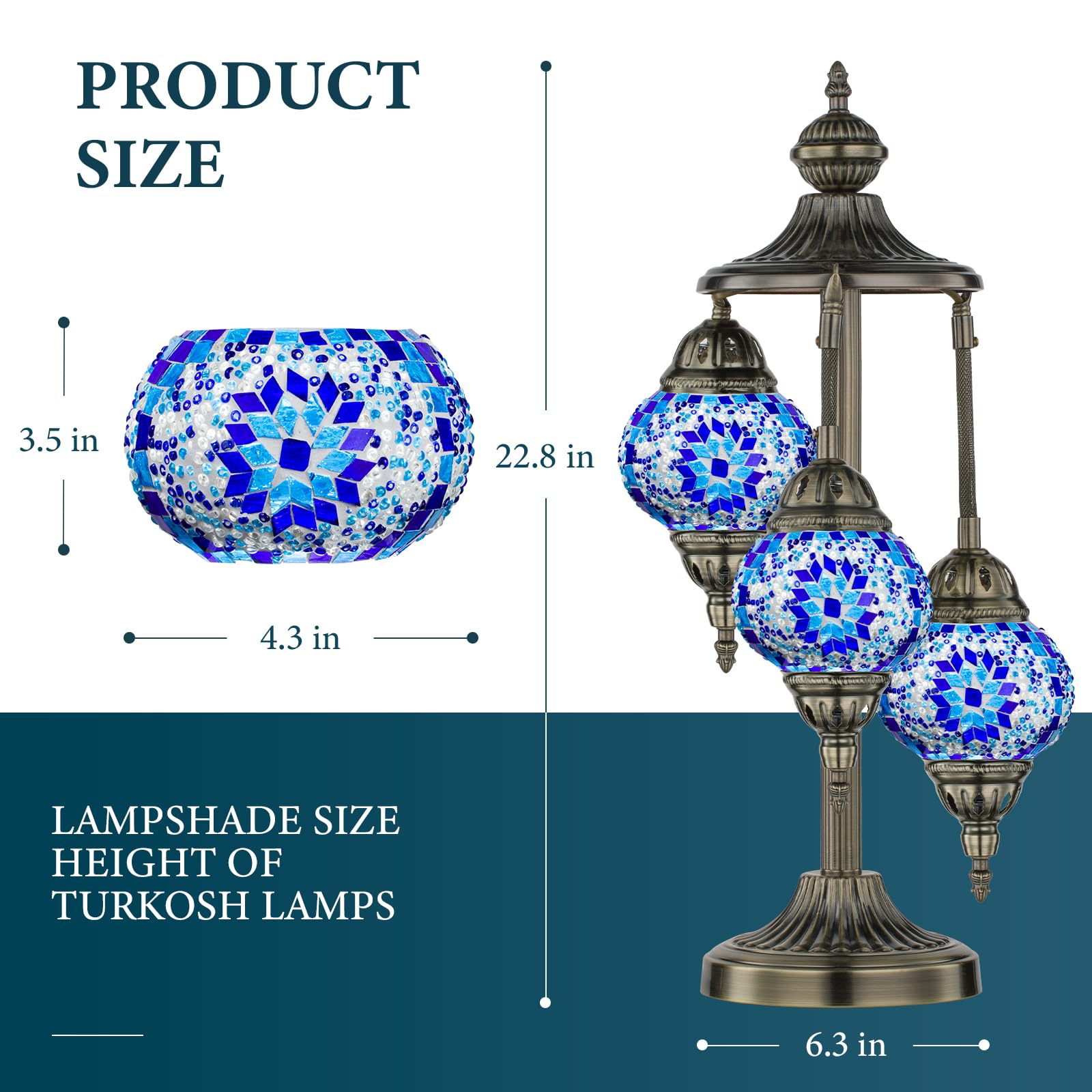 Marrakech Moroccan Table Lamp - 23" Blue Tiffany Mosaic Glass, 3 Globes, Bronze Base, Handmade Night Light Fixture, Model JX41603-11-N1-3Balls