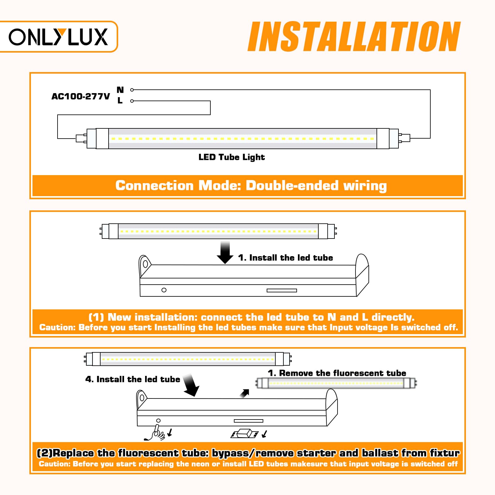 Onlylux 8Ft R17D Led Tube Light, 4800Lm, 6000K, Replace T8/T12