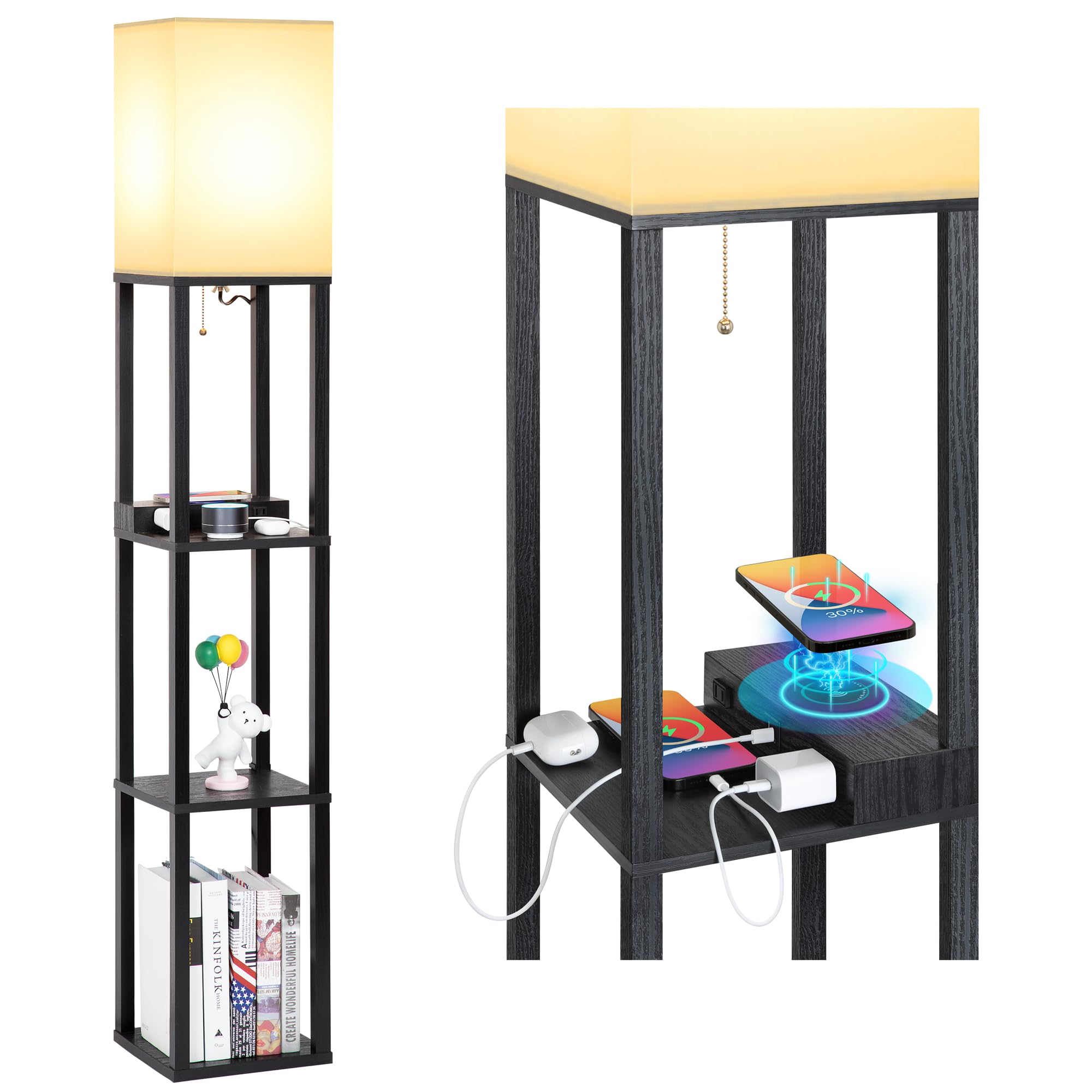 Mlambert Modern LED Floor Lamp with Wireless Charger, 2 USB Ports & 2 Outlets, 3-Tier Storage, Black, Model A-092