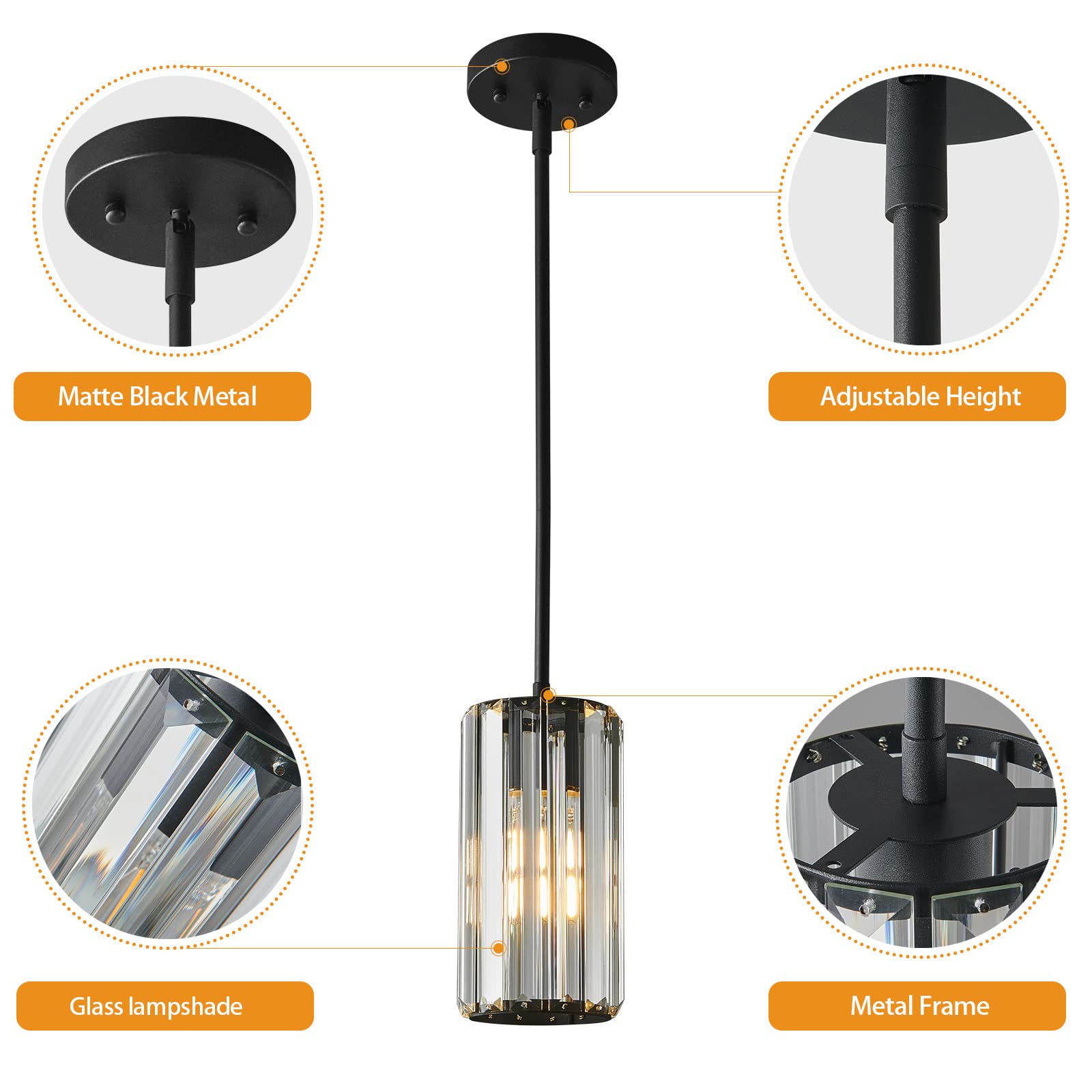 zhllmq Black Pendant Lighting - Modern Mini Crystal Chandeliers, Adjustable, Round-3-Pack for Kitchen, Dining, Bedroom, Model JP-403