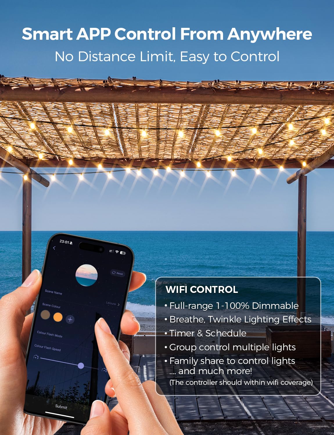 XMCOSY+ Smart Outdoor String Lights, 75Ft, 34 Dimmable LED Bulbs, WiFi & APP Control, Waterproof, White, Model IL-120V-60W