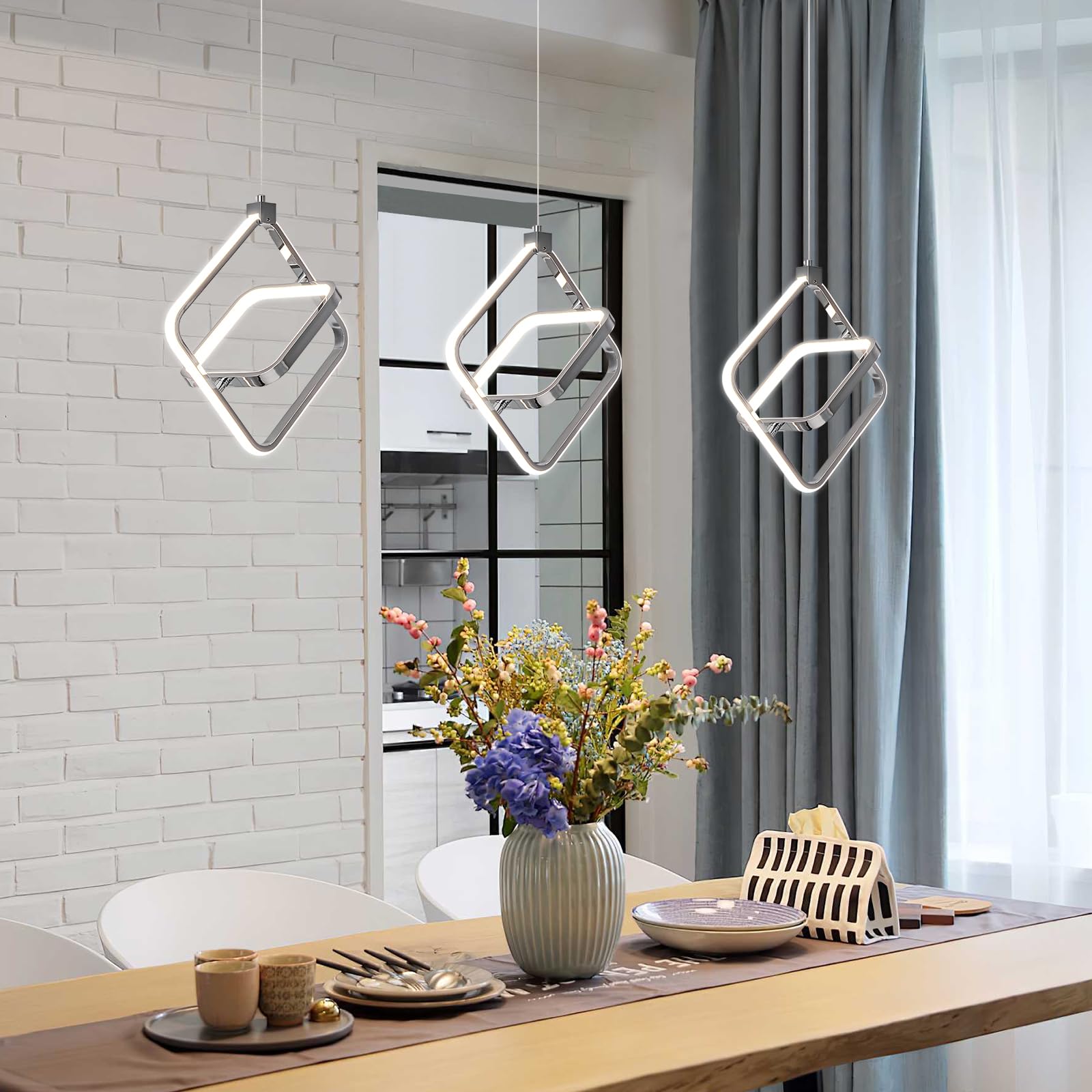 BNHHLZ Modern LED Chandelier, Chrome Rectangular Pendant Light, 4000K 20W, Dimmable, Height Adjustable, 3-Pack