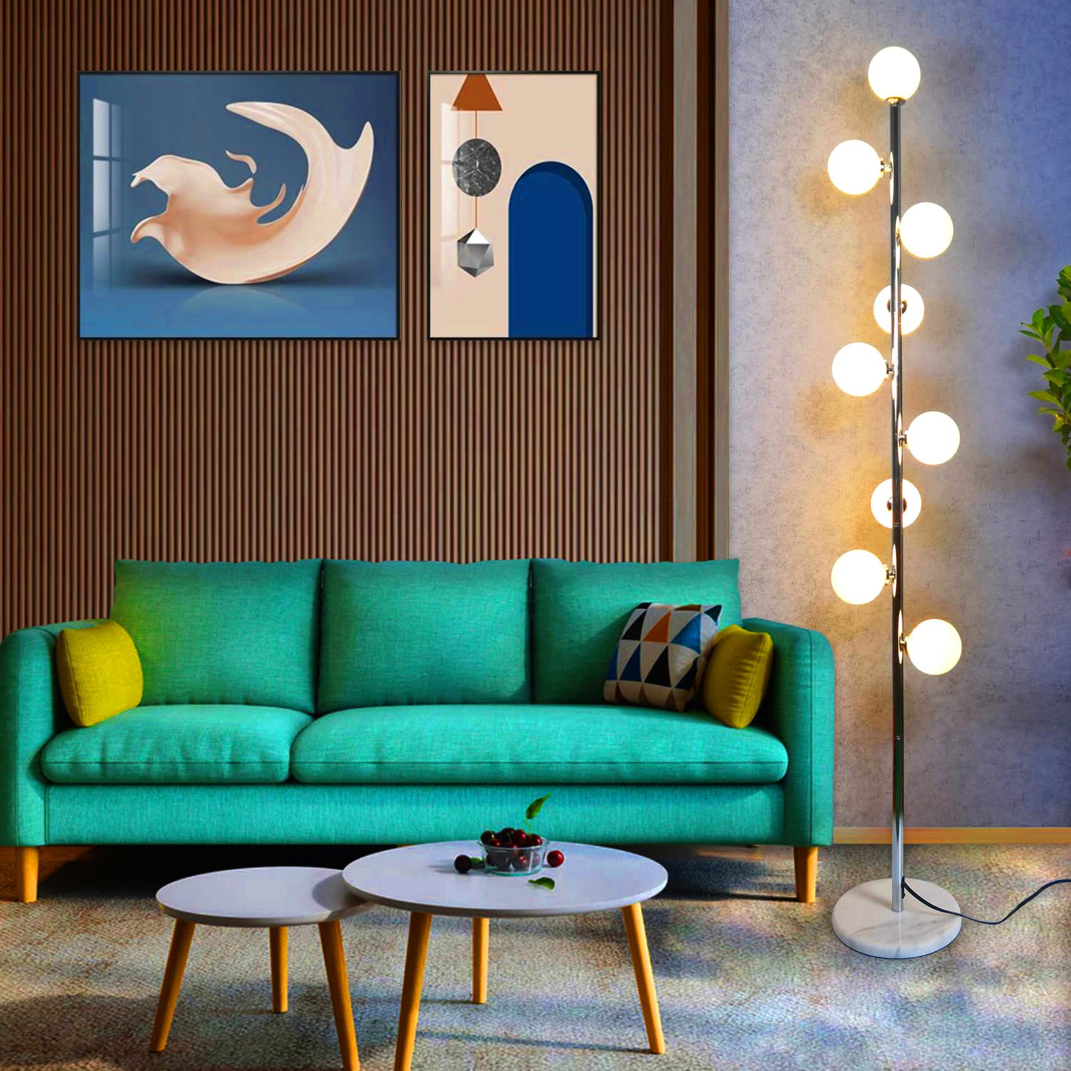 Hsyile Modern Floor Lamp - Chrome Finish, Globe Design, 9 LED Bulbs Included, Ideal for Living Room, Bedroom, Office
