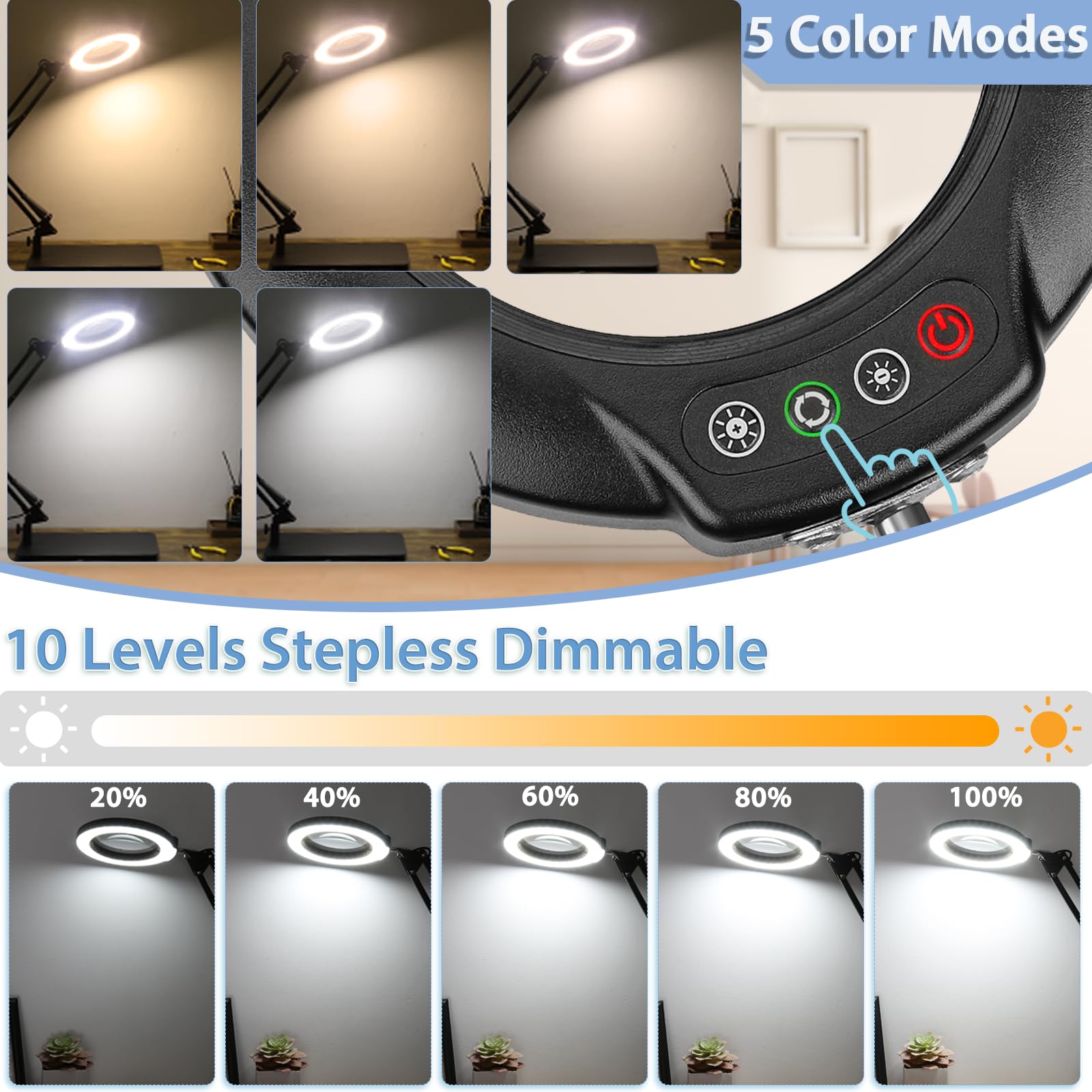 Drdefi 10X Magnifying Glass With Light And Stand, 2-In-1 Magnifying Desk Lamp Rectangular Base & Clamp, 5 Color Modes Stepless D