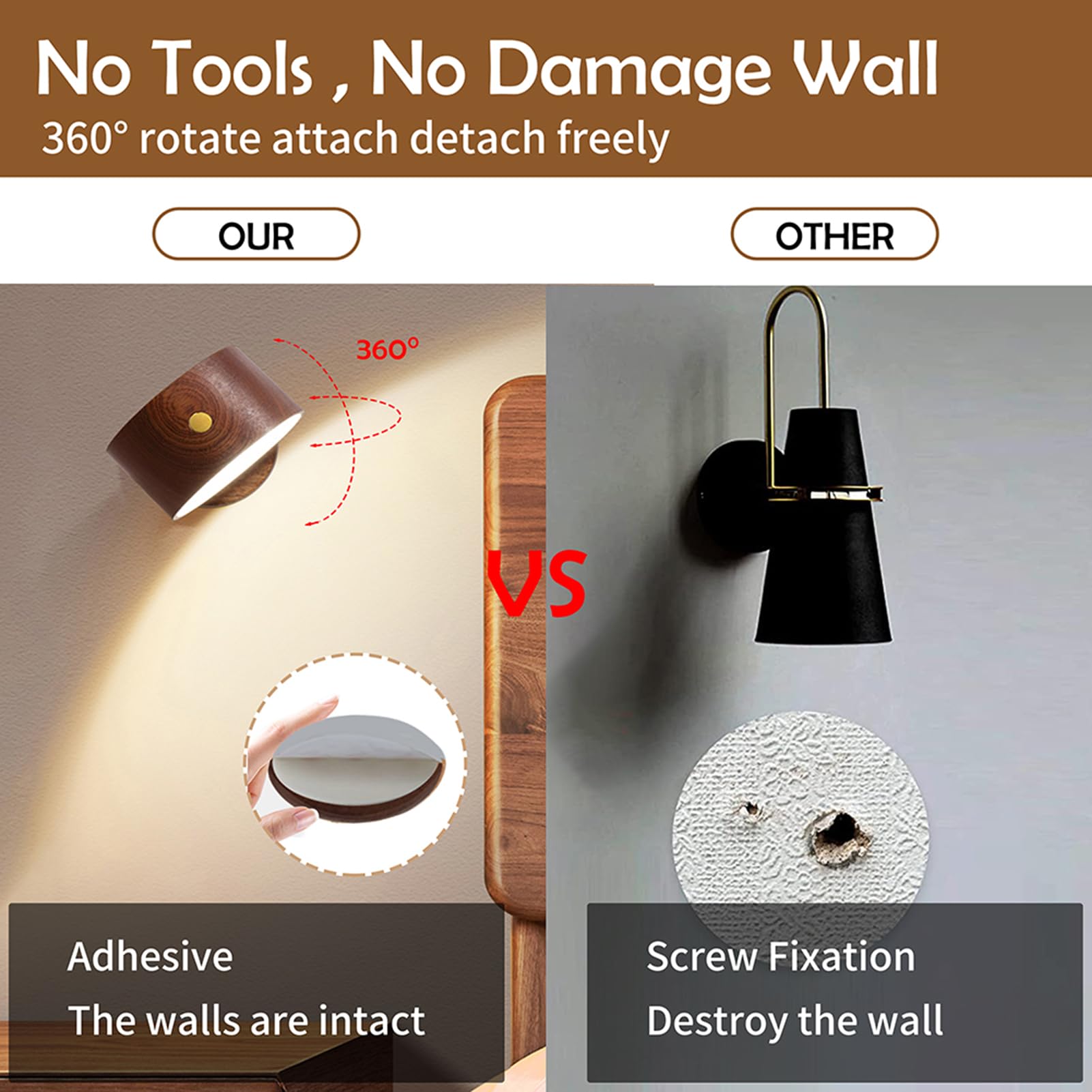 HBGFHG Wooden LED Wall Sconce, Dimmable & Rotatable, Rechargeable, Battery Operated, Sapele Wood, Model NO-HB01300