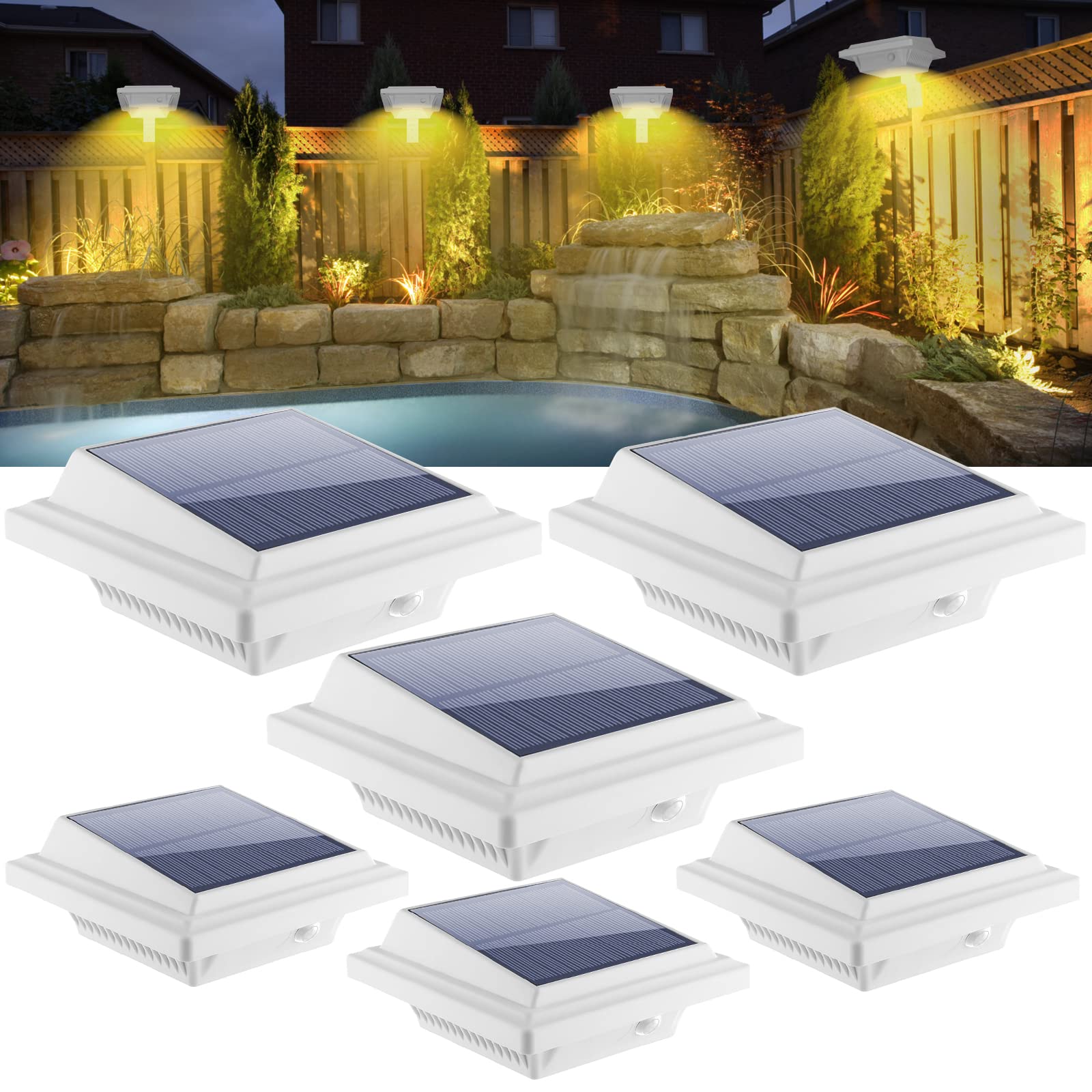 KEENZO Outdoor Solar Lights - 6pcs Solar-Powered LED Wall/Fence Lights, Warm White, Waterproof, Model 25GU-WCW
