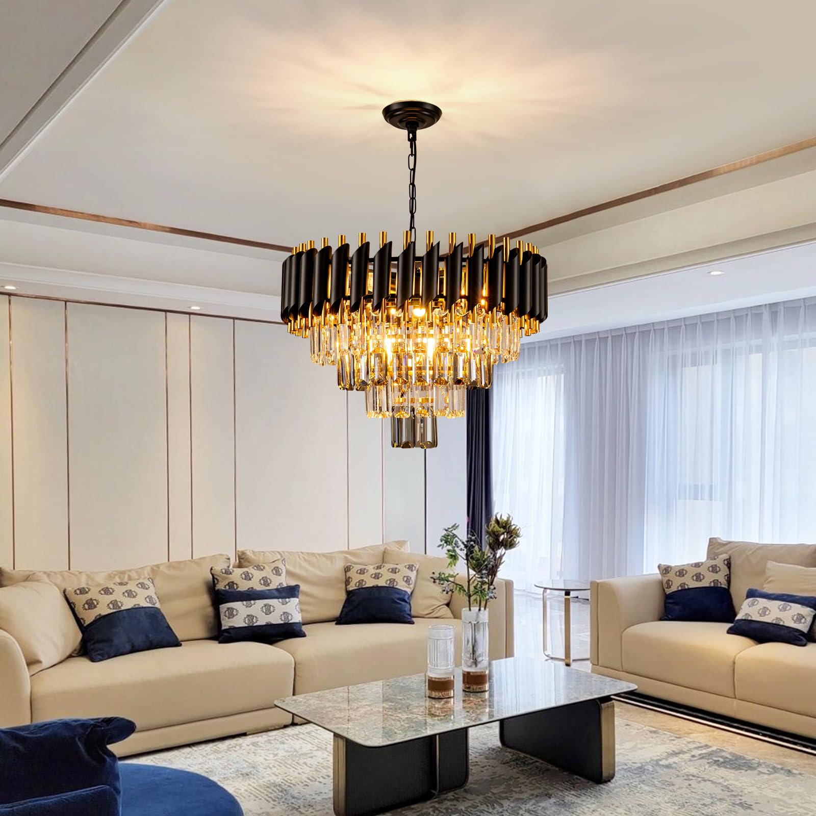 Aixialin 7-Light Modern Crystal Chandelier, 20" Round, Smoke Grey and Gold, Flush Mount, Ideal for Dining Room, Living Room, Kitchen