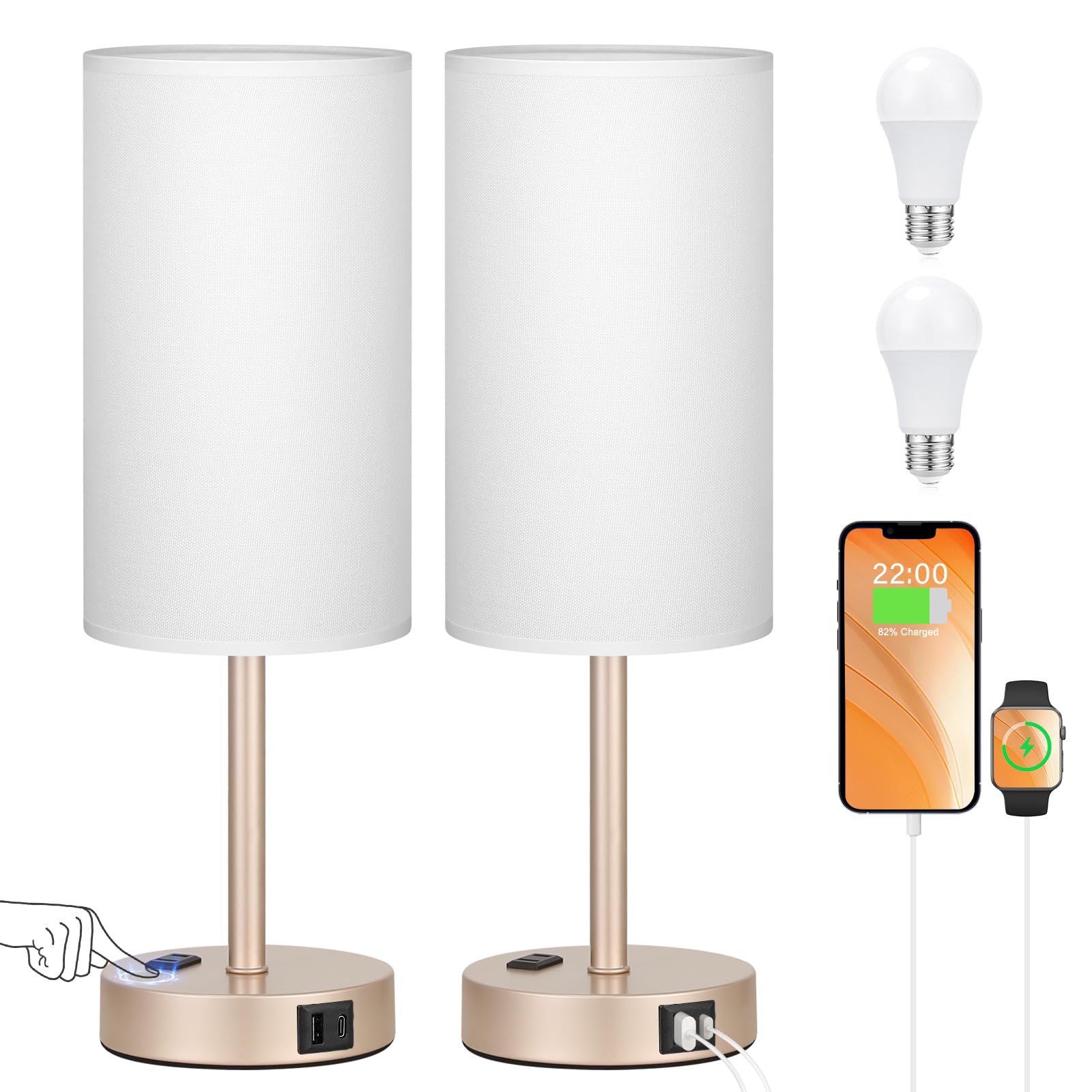 17Inches Tall Touch Bedside Table Lamps Set - 3 Way Dimmable Bedroom Lamp Set Of 2 With Usb C And A Ports, Lamps For Nightstand 