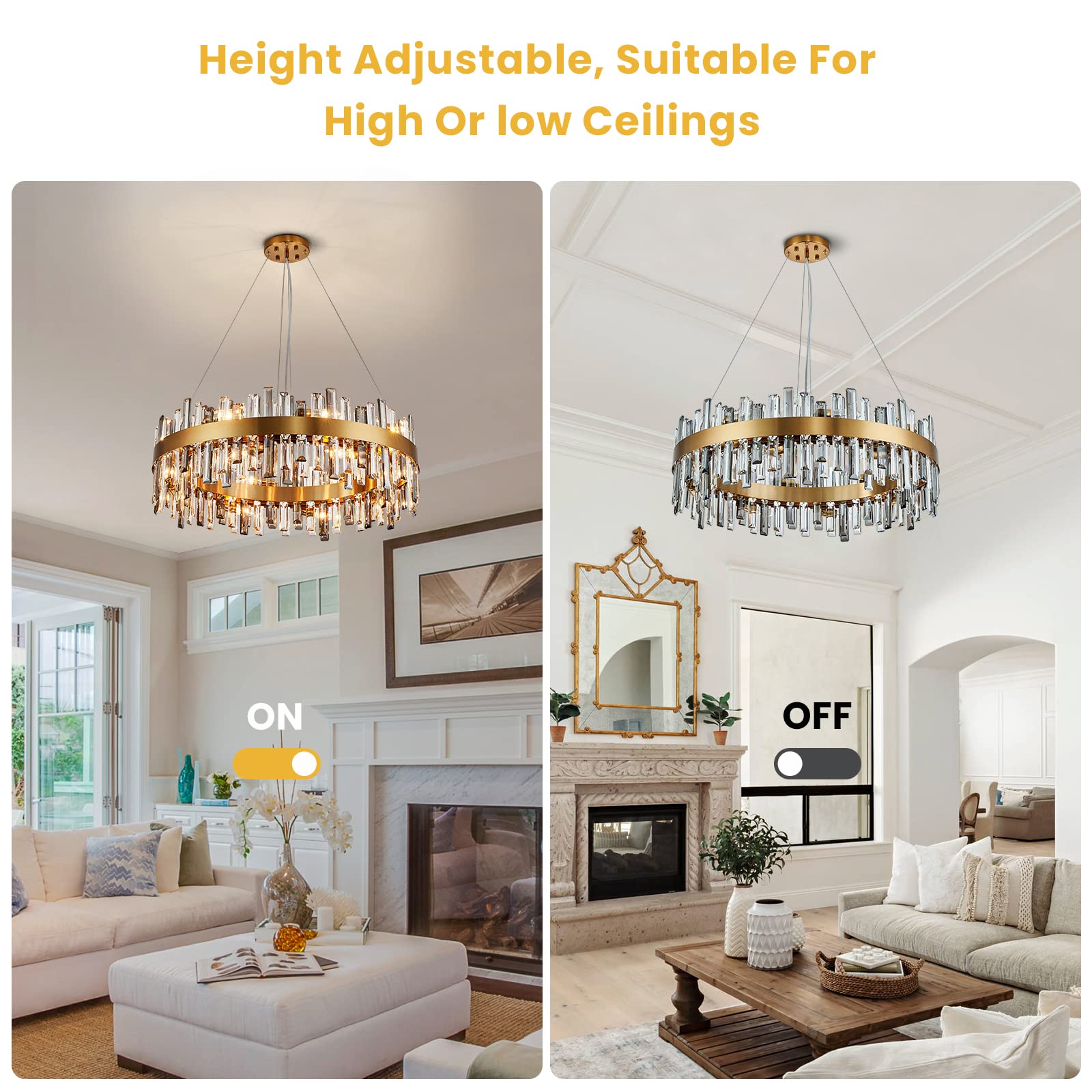Siljoy Modern Crystal Chandelier, 16 Lights, Brass Gold, Round D31.5in , Clear & Grey Crystal, Model FSK0609