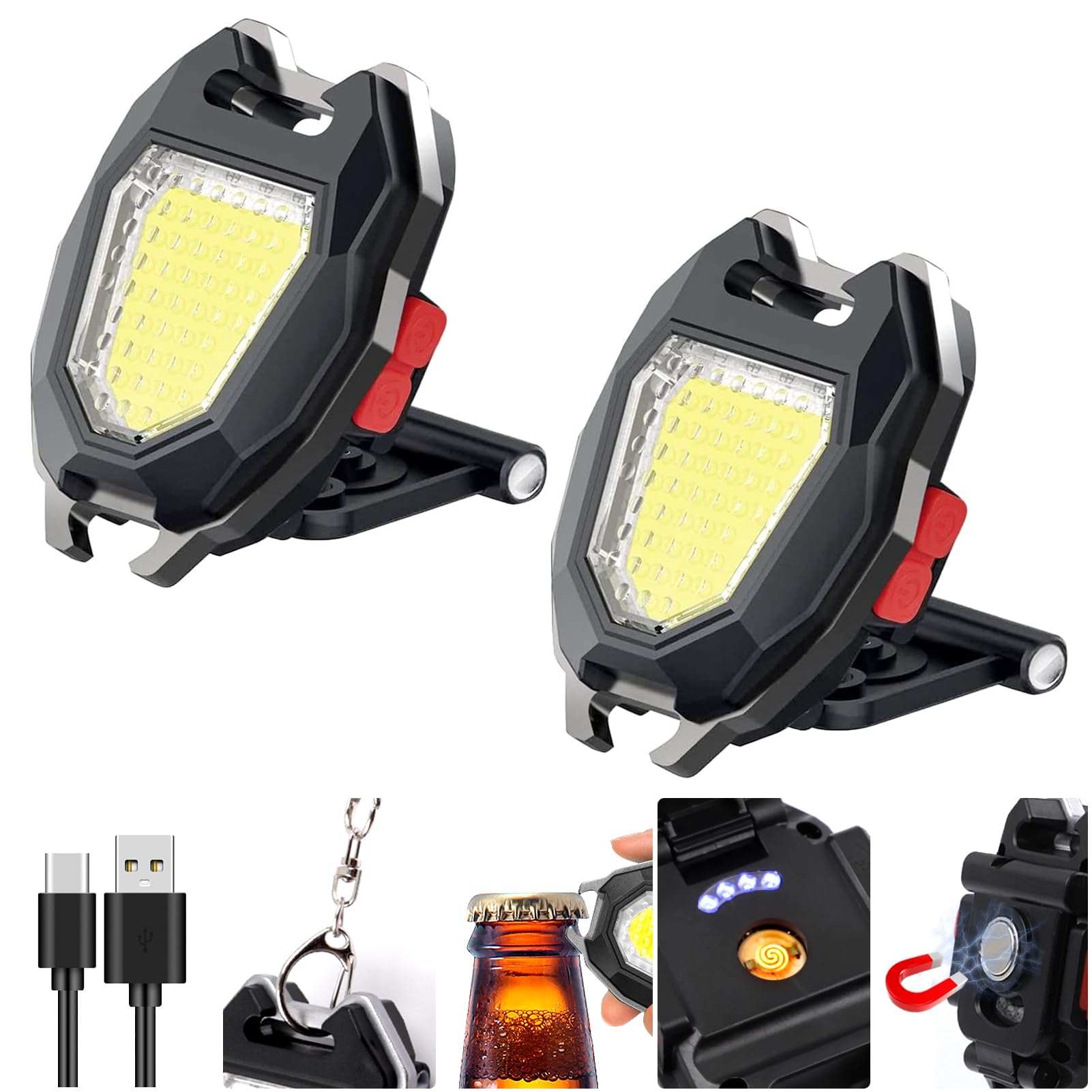 SEFONE 7 Modes COB Keychain Work Light 2 Pack, 1200 Lumens Bright Rechargeable LED Flashlight, Portable Pocket Light with Foldin