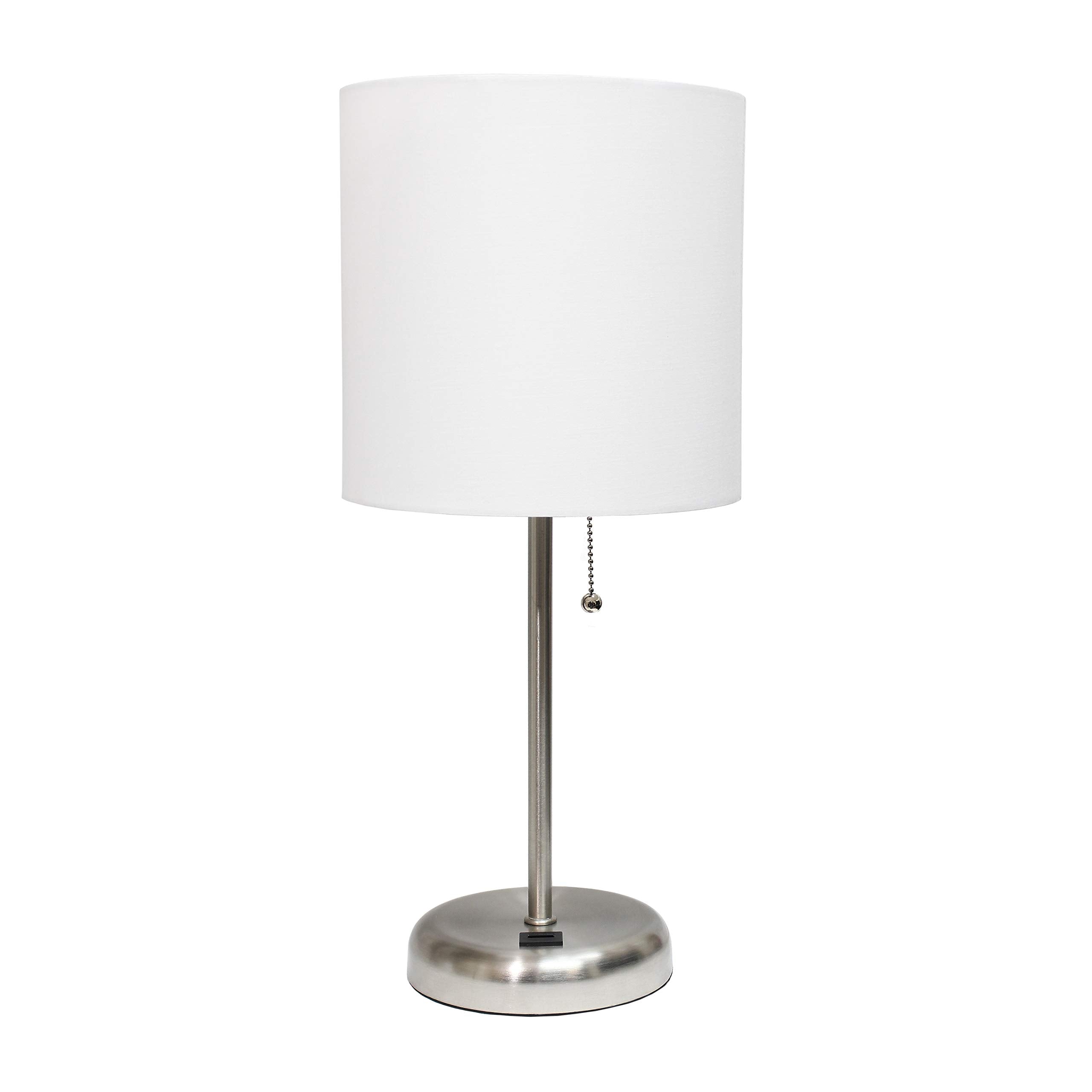 Limelights Lt2044-Wht Brushed Steel Stick Lamp With Usb Charging Port And Fabric Drum Shade, White (Pack Of 2)