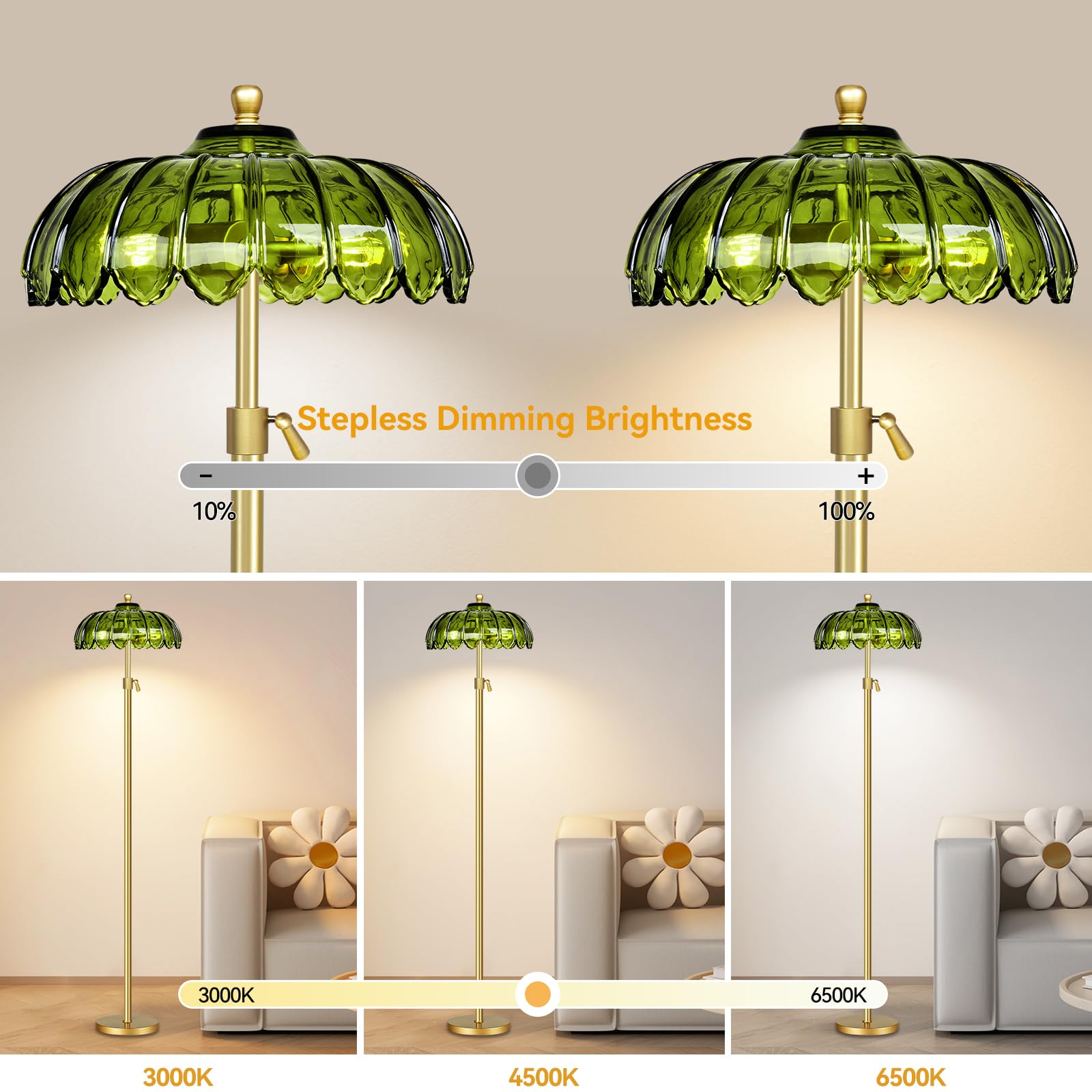 ZECOXOL Vintage Floor Lamp with Remote Control, Brass Flower Design, 11.8 inch, Green, Model 001, Mid Century Modern