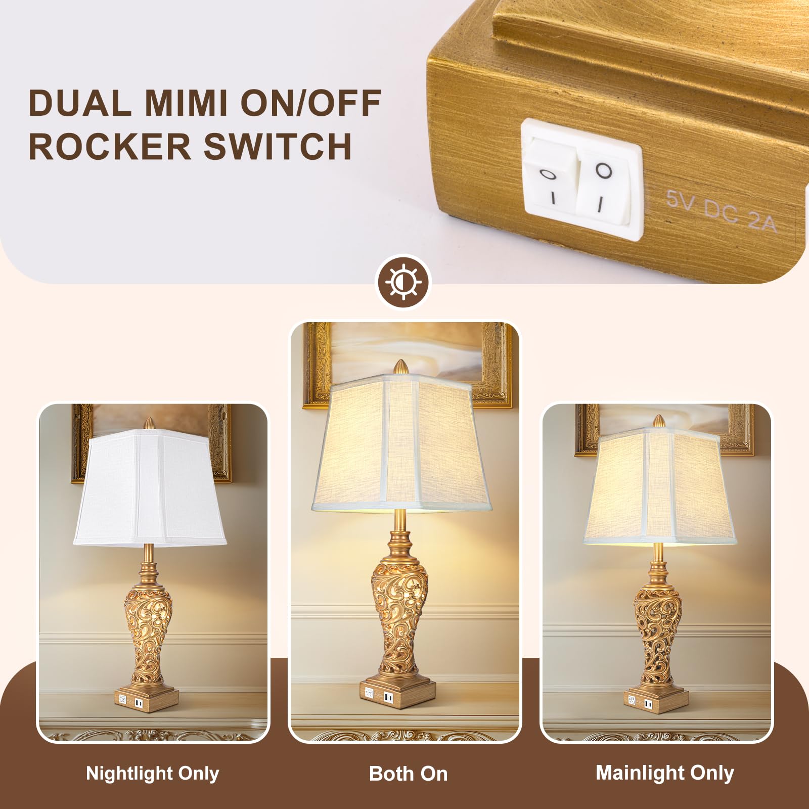 Vintage Table Lamps Set Of 2, 28.5'' Tall Antique Gold Bedside Lamps With Fabric Shades, Usb A+C Charging Ports & Night Light, F