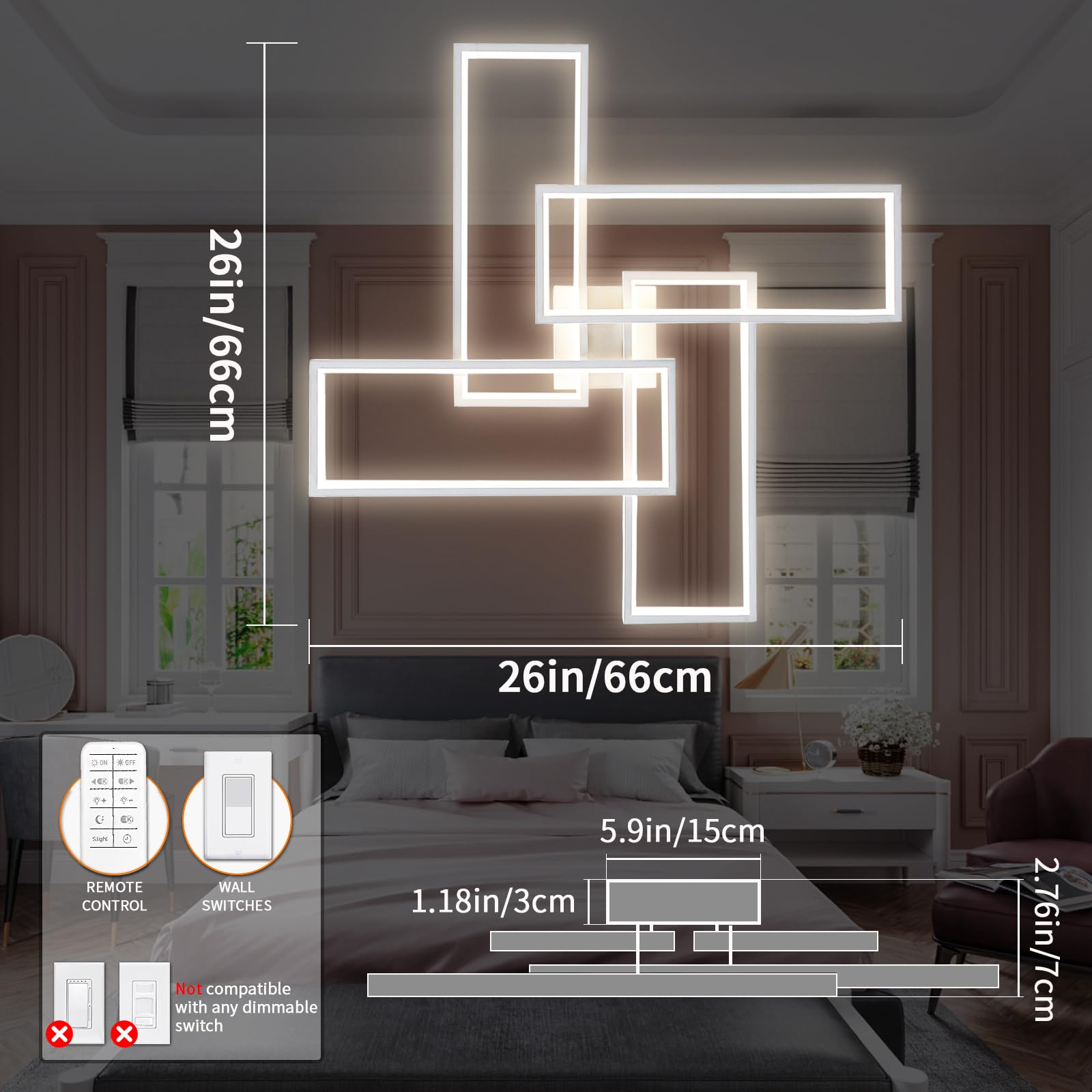 Shine Luest Modern Led Ceiling Light Fixture White Flush Mount Ceiling Light Dimmable 26'' Bedroom Lights For Ceiling With Remot