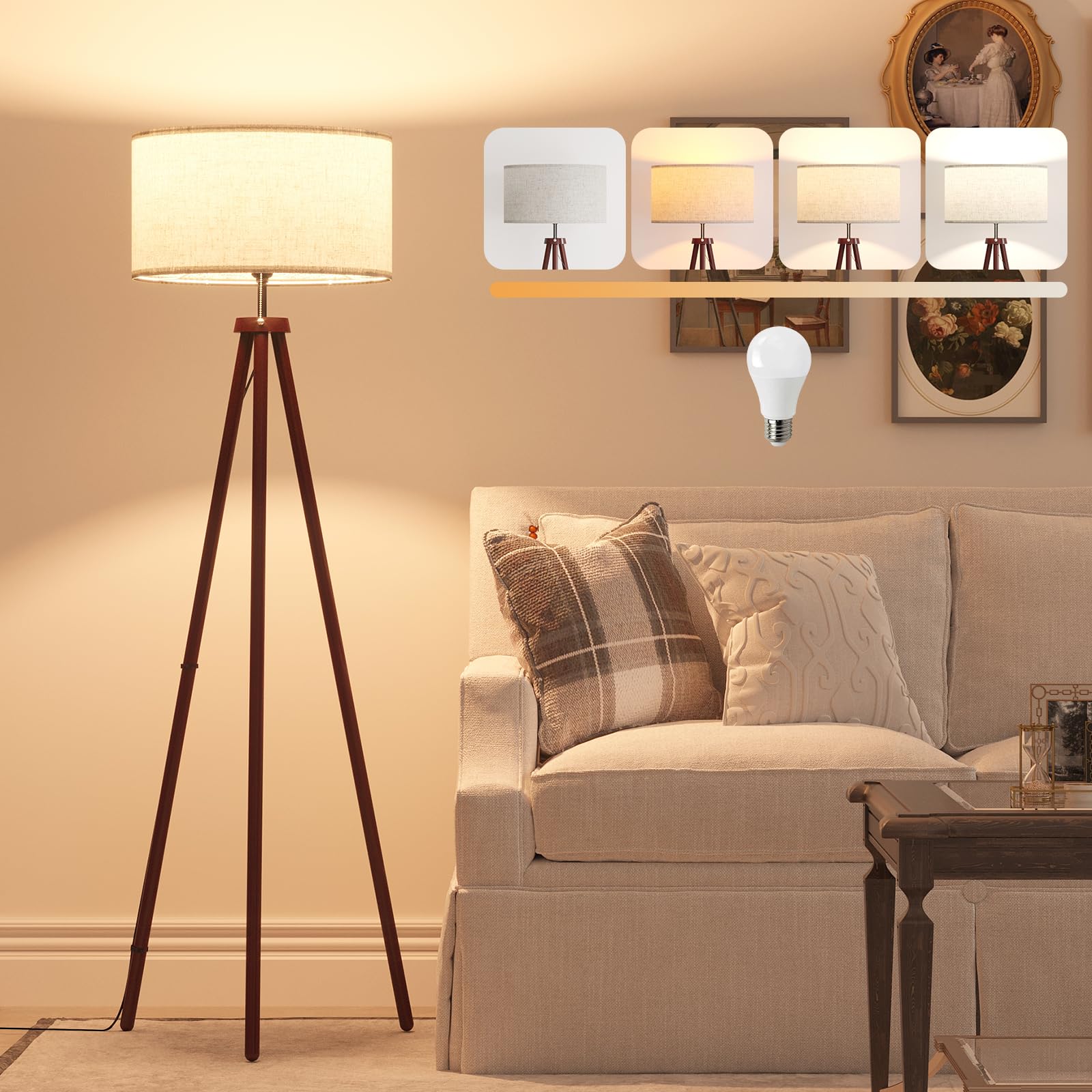 LiteHistory Wood Tripod Floor Lamps for Bedroom, Living Room, and Office,Corner lamp with Beige Linen Shade, 12W Three-Color Bul