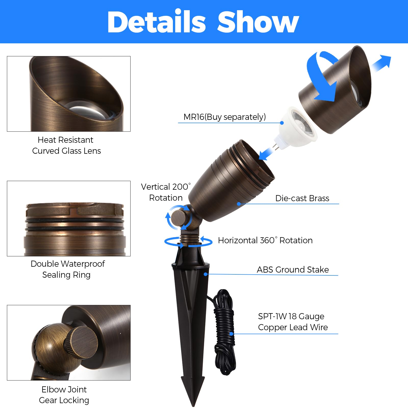 Gardencoin Solid Brass Outdoor Landscape Spotlights, 12V Heavy Duty Low Voltage Led Landscape Lights Waterproof For Garden Uplig