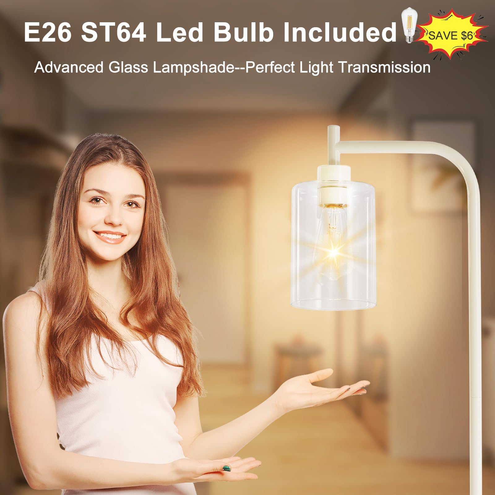 DINGLILIGHTING Floor Lamp - Light Gold Metal with Clear Glass Shade - Model WSFLL005-LG - Modern Design for Living Room and Office