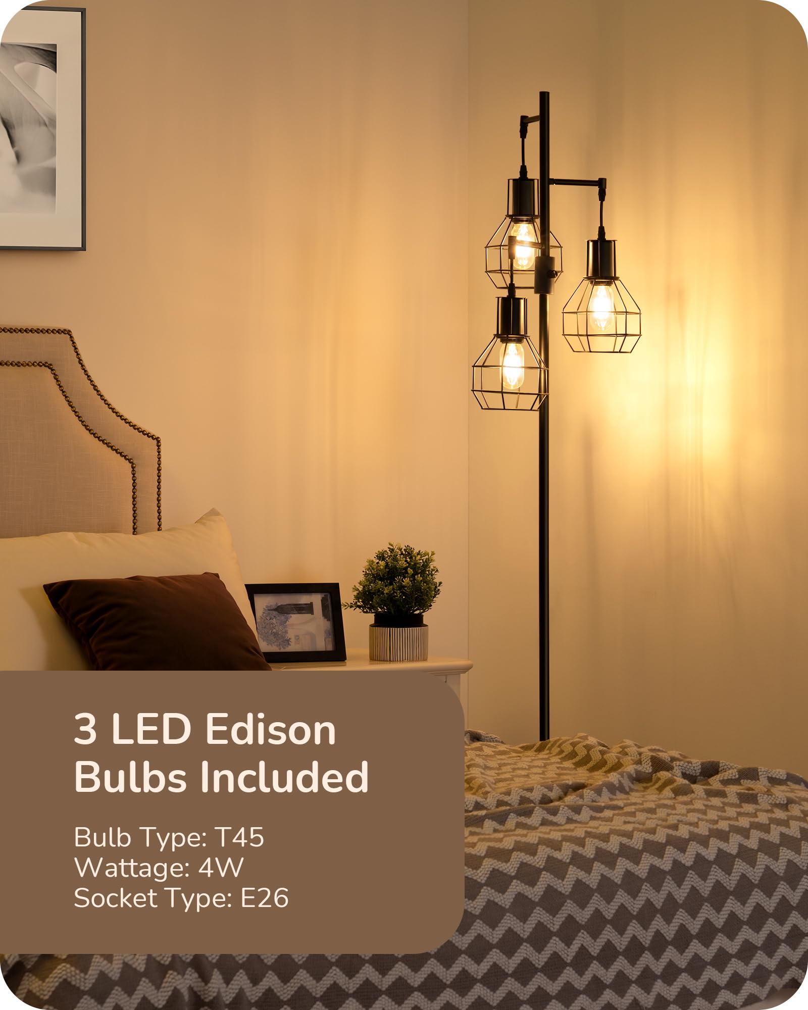 EDISHINE Dimmable Farmhouse Floor Lamp, Industrial Metal Design, Black, Model HLFL03G, 3 LED Edison Bulbs Included