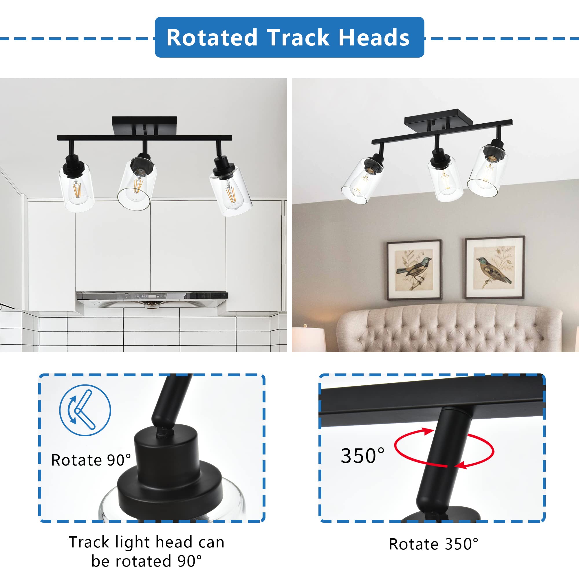 Melucee 3 Light Bathroom Vanity Light Black Track Lighting Fixtures Ceiling, Vanity Lighting Fixtures With Rotatable Track Head For Hallway Porch Foyer Bath Storage, Clear Glass Shade