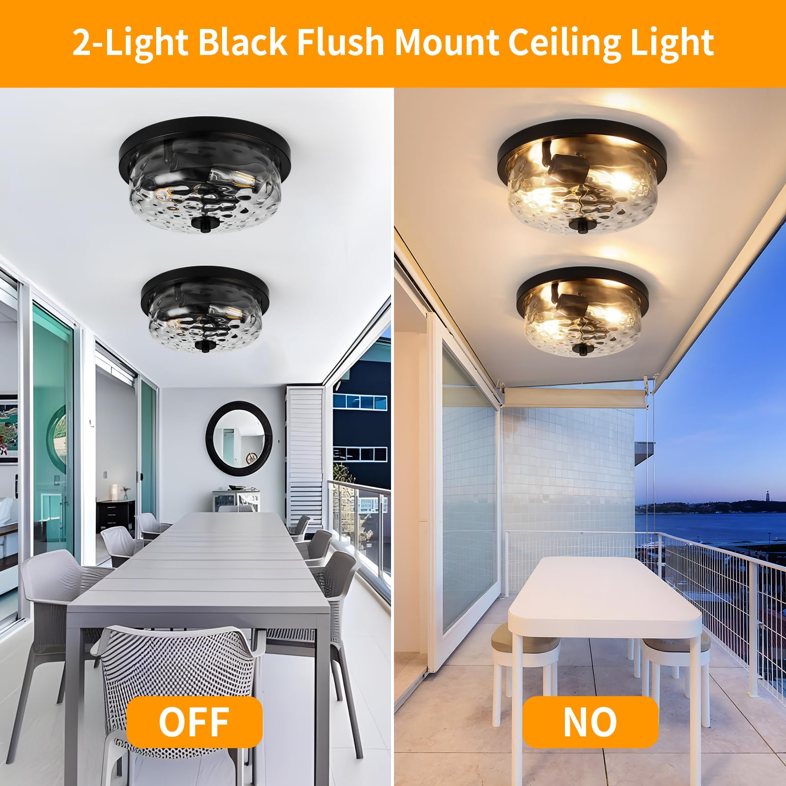 Foucasal Black Flush Mount Ceiling Light, Farmhouse Hallway Light Fixtures With Water Ripple Glass Shade 2-Light Outdoor Flush M