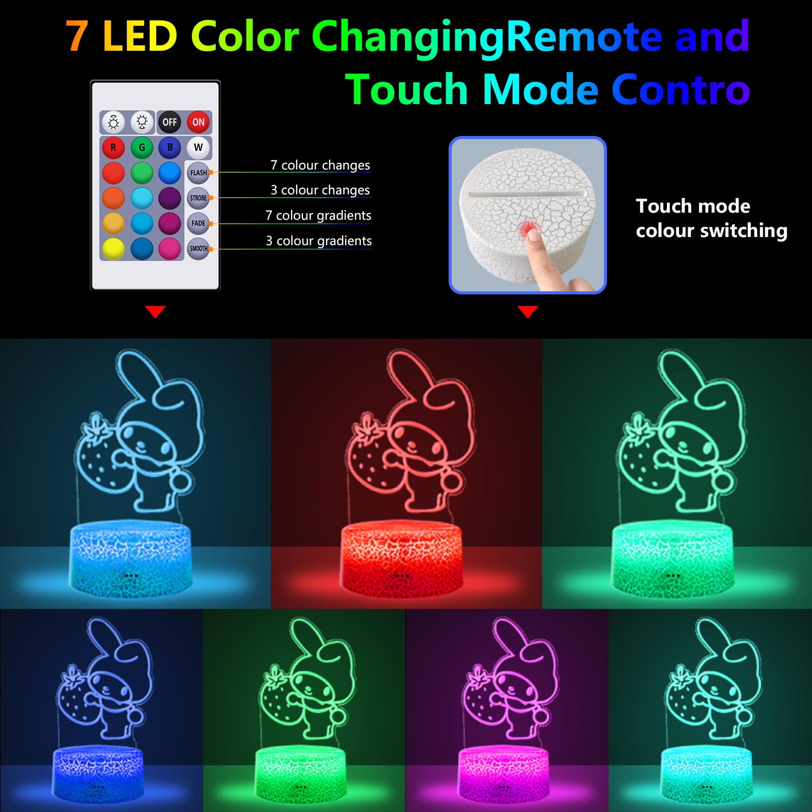 Cobiku 3D Illusion Night Light For Kids - Cute Lamp Led Night Light Anime Charater 16 Colours Change With Remote Control Kitty Lamp Room Decor Birthdays Holidays Christmas Gifts For Kids And Girls