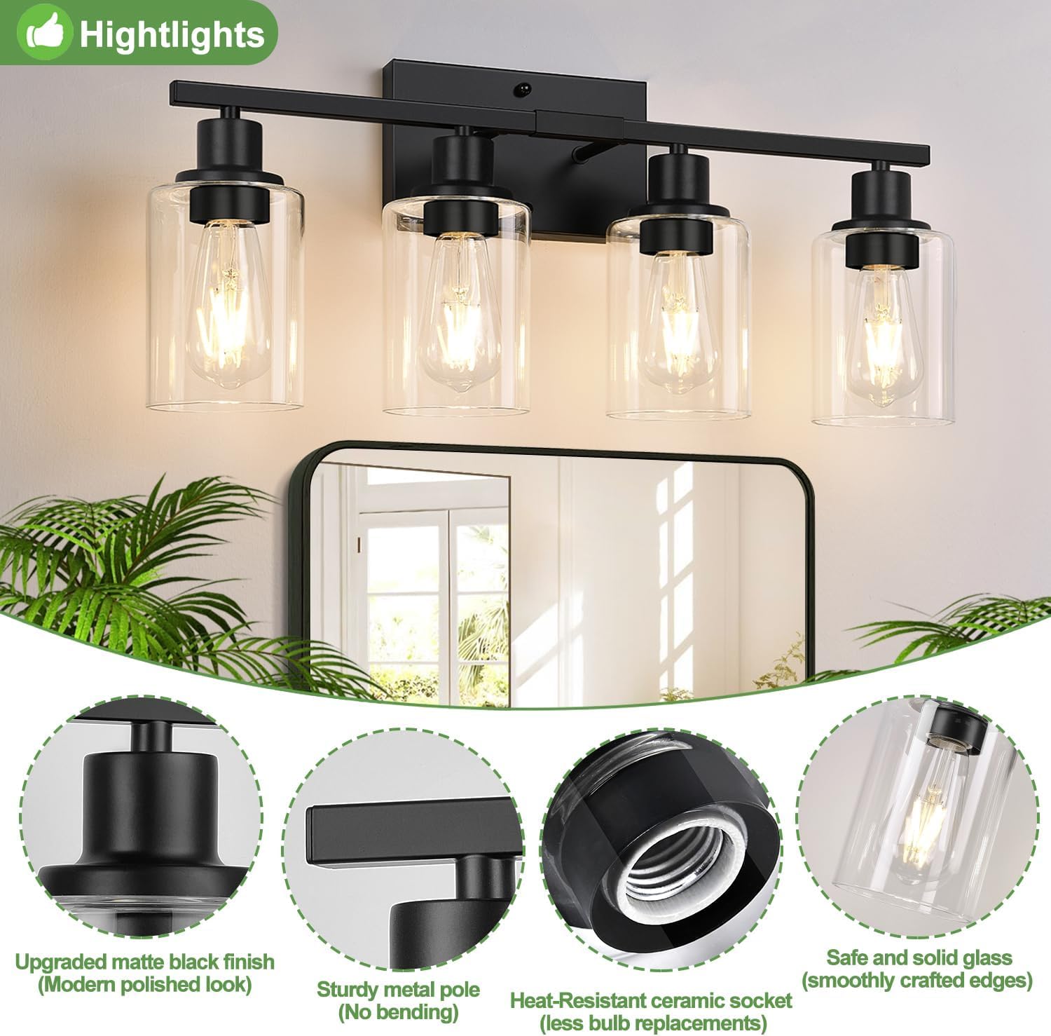 Indoi 4-Light Matte Black Bathroom Light Fixtures, Modern Vanity Lights with Clear Glass Shades, Model OMTYX-031H