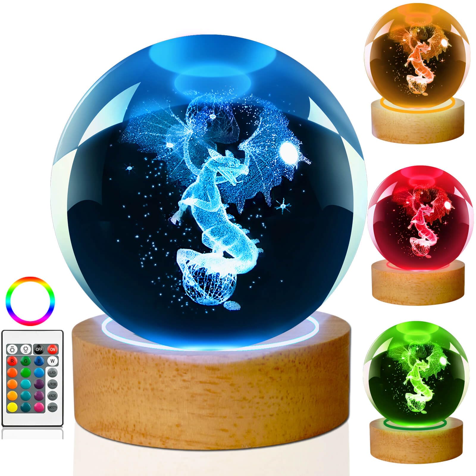 LINSINA Dragon Lamp, 80mm 16 Colors Crystal Ball Night Light with Wooden Base and Remote Control, Birthday Gift and Dragon Gifts