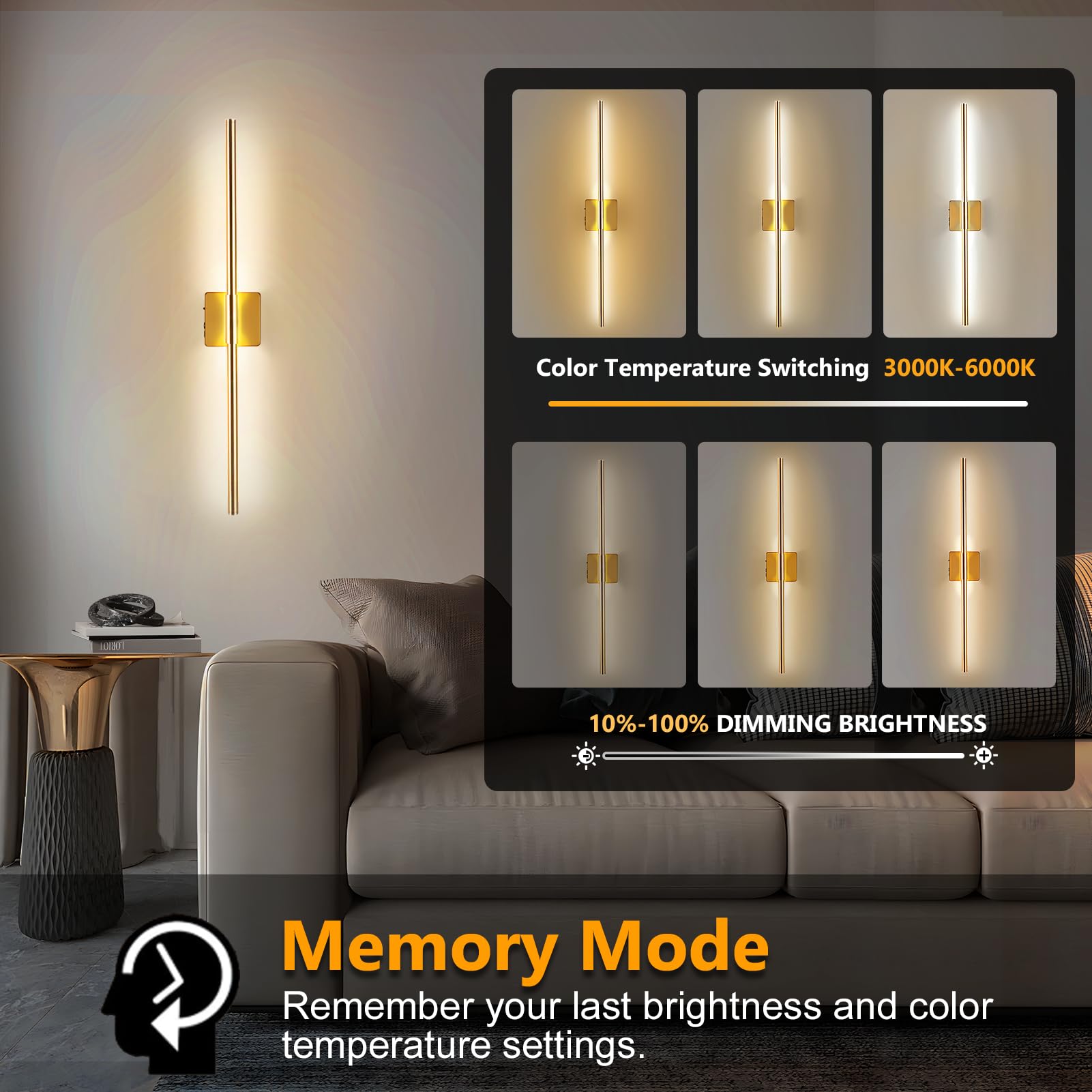 JEAYYDSI Battery Operated Wall Sconces, Dimmable LED Light, Remote Control, USB Rechargeable, Gold, Model GG-Lighting M