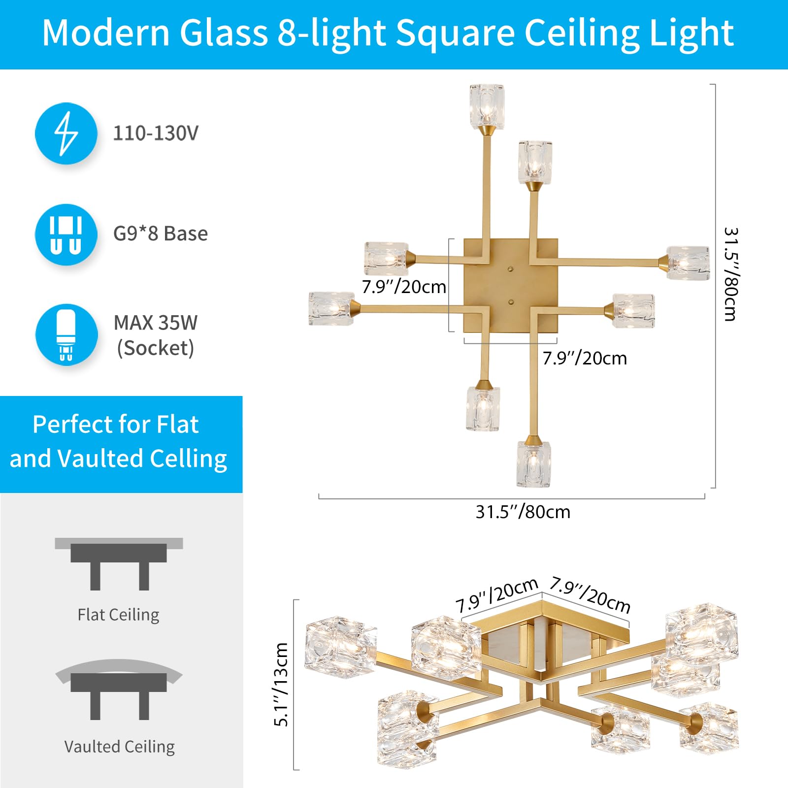 Xingqi Modern Ceiling Light 8 Lights Gold Sputnik Chandeliers Industry Semi Flush Mount Ceiling Light Fixture, Mid Century For D