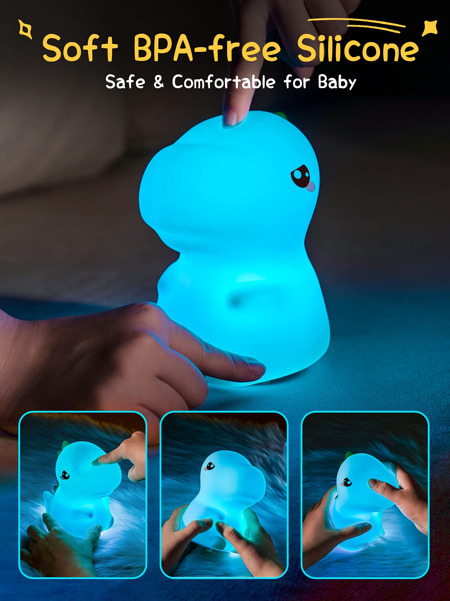 Dimanito Cute Kids Night Light Night Lamp Night Lights For Kids Bedroom Toddler Baby Portable Silicone Battery Led Nightlight Nursery (Dinosaur)