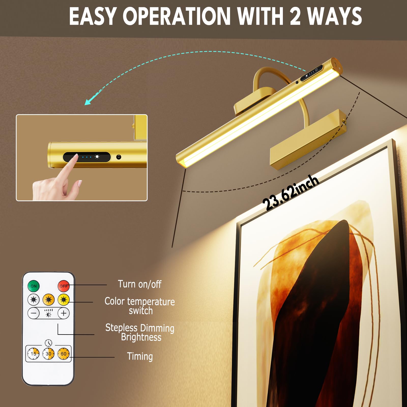 Bridika Picture Light Battery Operated Art Light, 13.8in Gold, Dimmable Brightness, Aluminum, Model YZ350