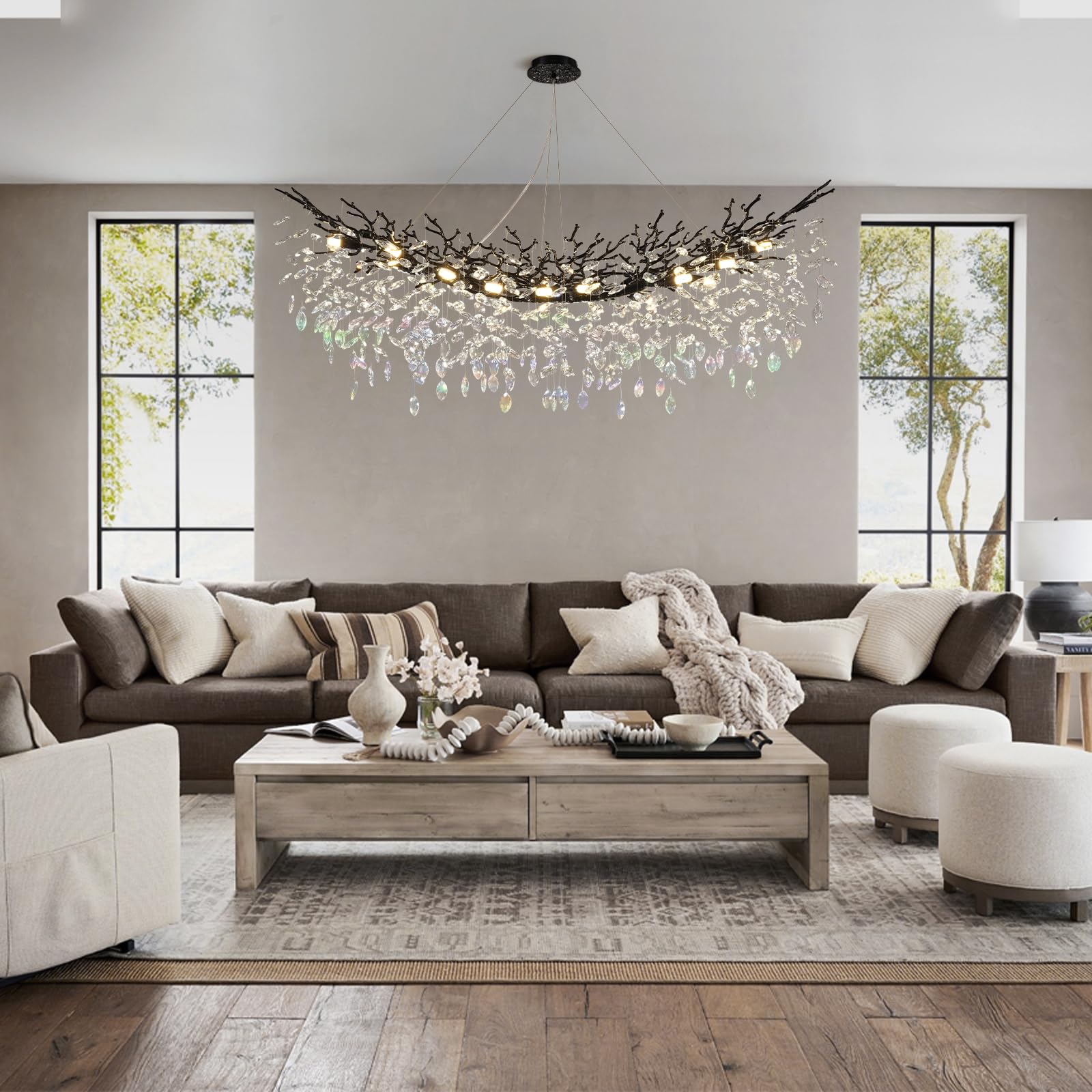 Kvtinmty Modern Black Rectangle Crystal Tree Branch Chandelier, 55'' 16-Light K9 Crystal Chandeliers For Dining Room, Rectangula
