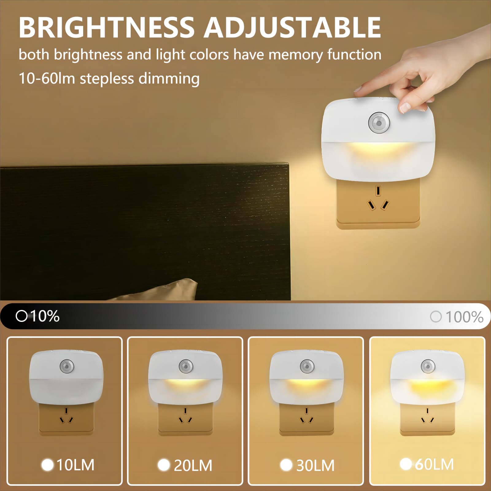 Sossi Motion Sensor Night Light Plug In 4 Pack,10-60Lm Stepless Dimming,3 Light Modes With Memory, Smart Night Lights Plug Into
